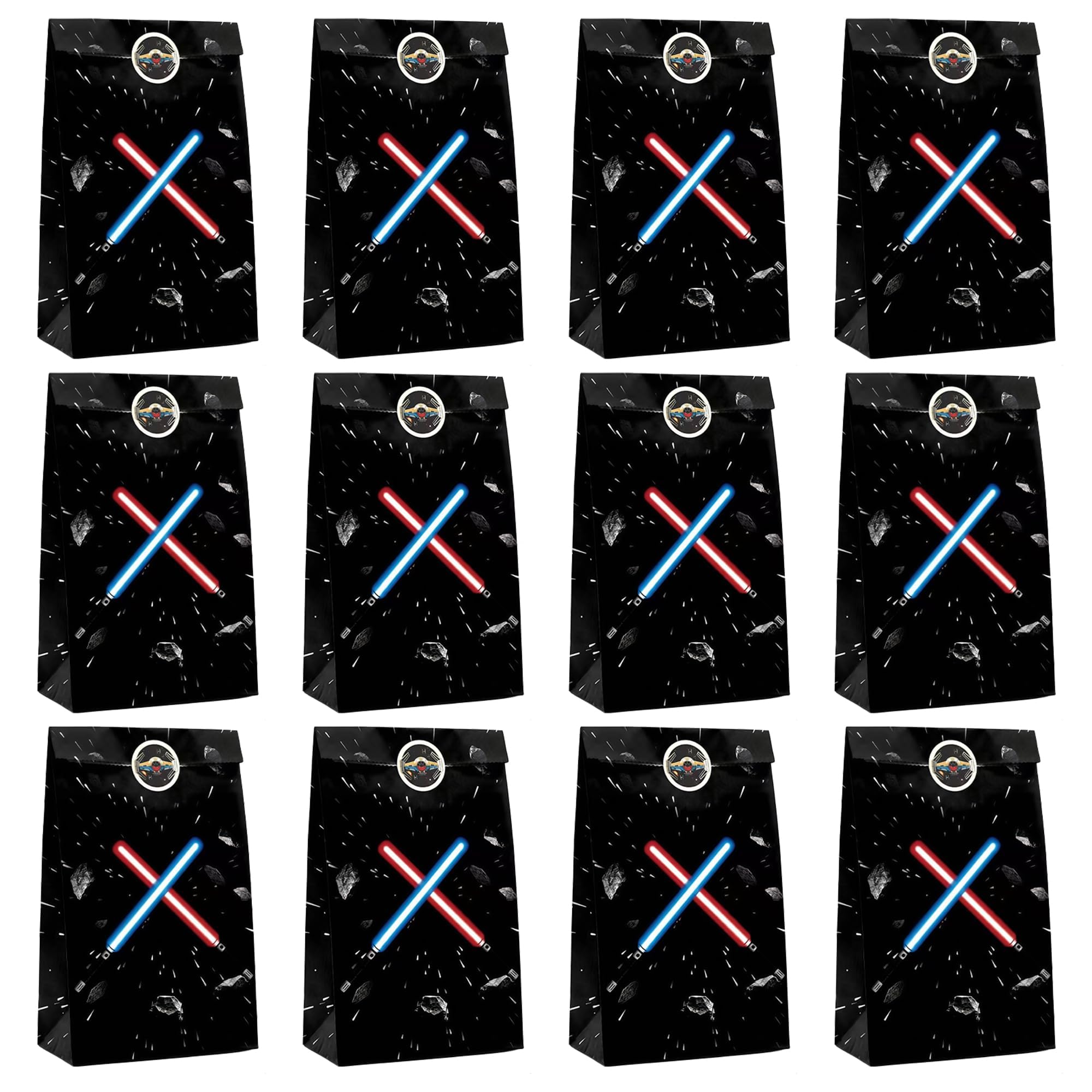 FestiVex 12Pcs Black Galaxy Goodie Paper Bags with Airship Stickers, Space Themed Candy Bags for Birthday Party Favors, Baby Shower, Video Game Party Decorations for Kids and Teens (12)