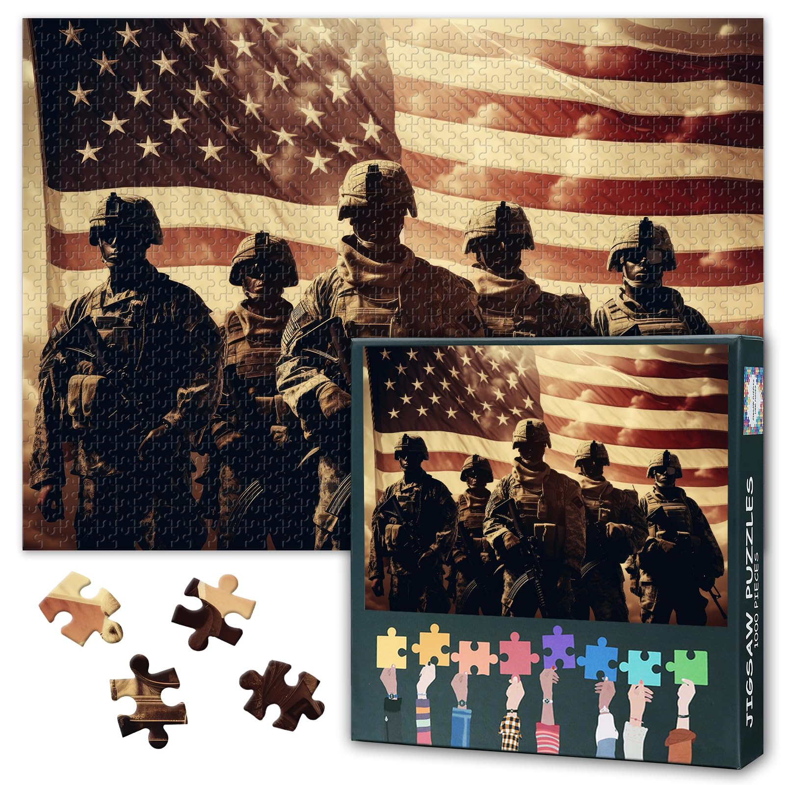 Puzzles for Adults 1000 Pieces American Flag, American Army Troops Jigsaw Puzzles, Adult Puzzle for Adults, Educational Fun Games or Toys for Elders Friends 20X27 INCH