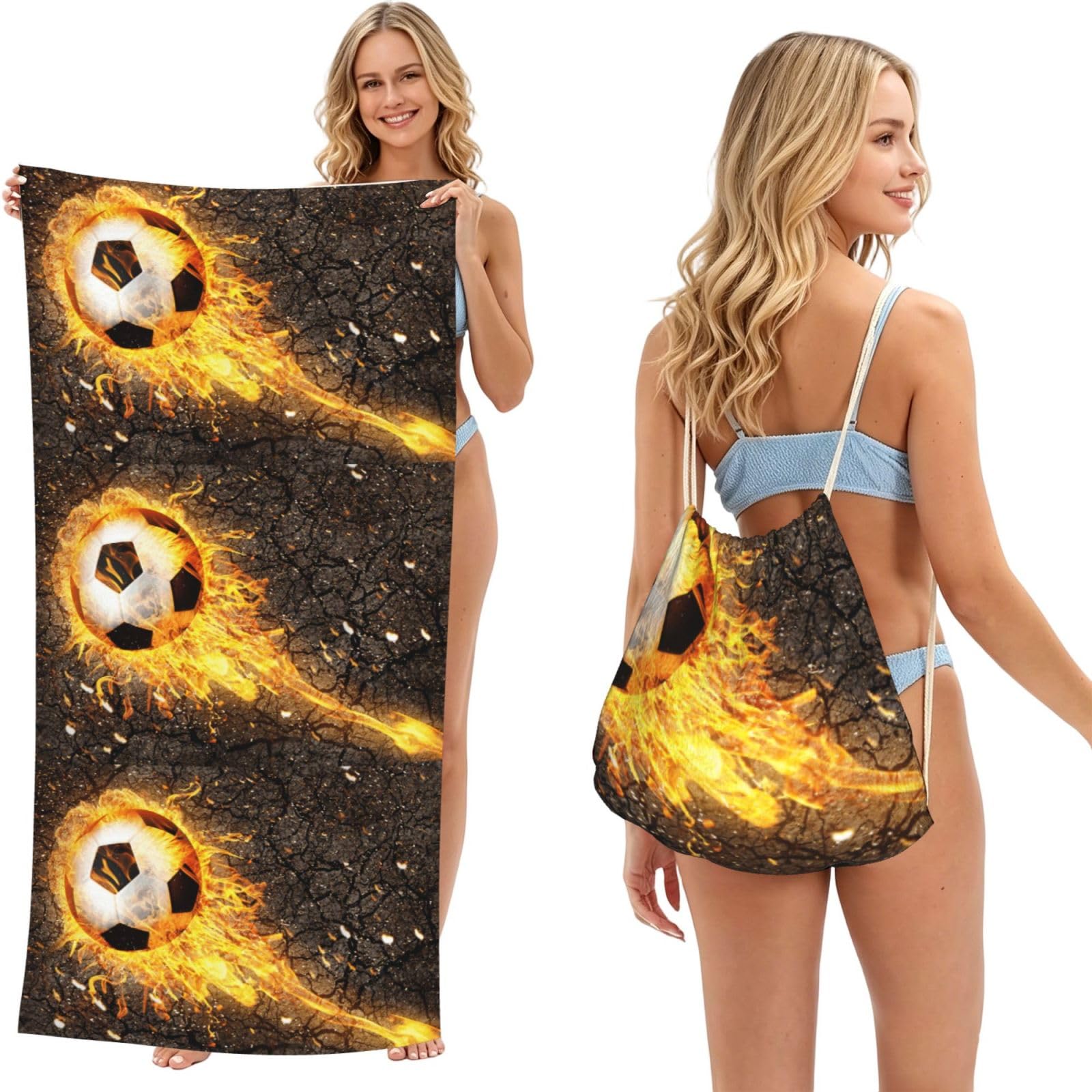 Poadnly As Picture Soccer Ball In Burning Fire Flames, 2 In 1 Packable Towel Bag, Beach Towels With Drawstring Backpack For Travel Holiday Camping