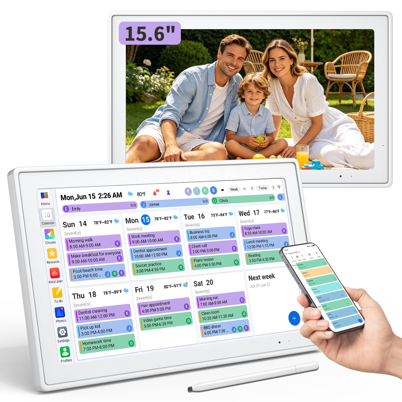 Digital Calendar, 15.6" HD Touchscreen Family Calendar Organizer, Smart Family Planner with Chore Chart, Meal Planner, To-Do List & Digital Photo Frame, White