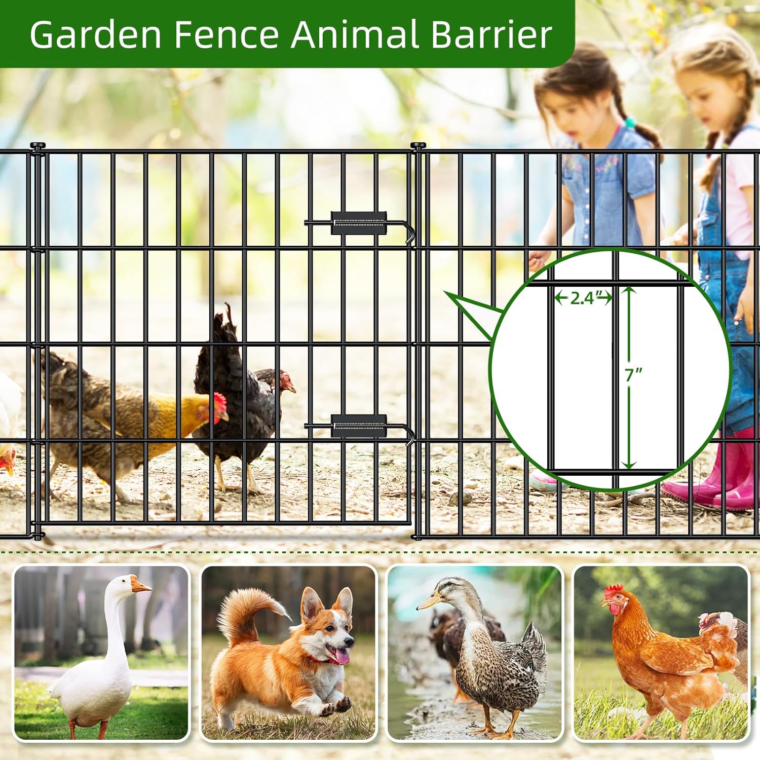 Metal Garden Fence 28in (H) x 23.3ft (L), 1 Gate + 9 Panels Dog Fence Border Fences Animal Barrier, No Dig Garden Fencing for Yard Flower Bed Lawn Patio Outdoor, PIN282810G Black