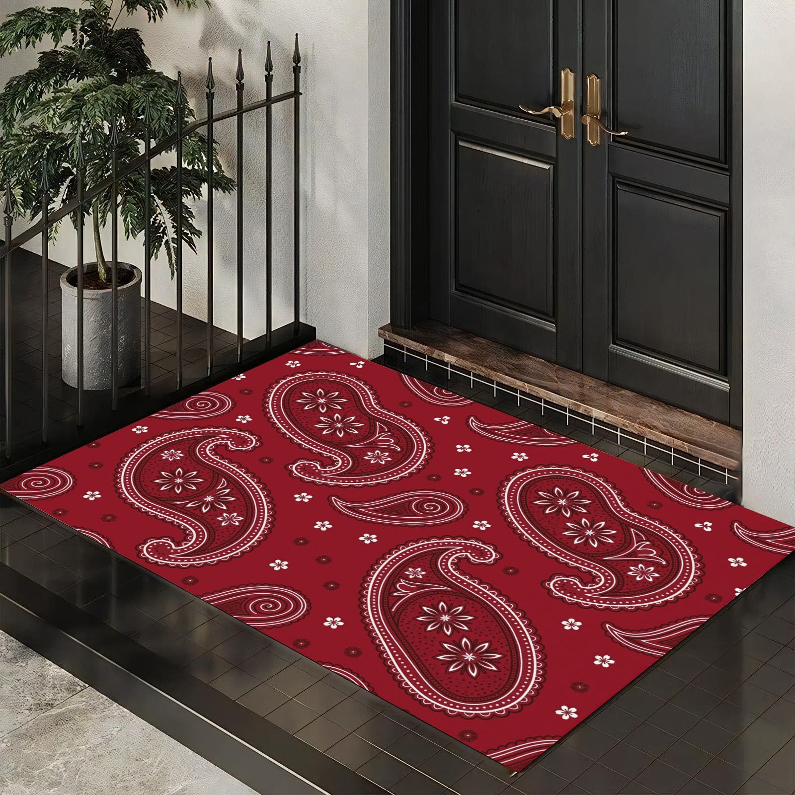 Ultradünne Ethnische Paisley-Blumen Fußmatte Für Innenbereich, 80X120Cm Waschbar Teppich Für Eingangsbereich, Retro-Exotik Schmutzfänger Fussmatten, Rot rutschfeste Eingangsmatte