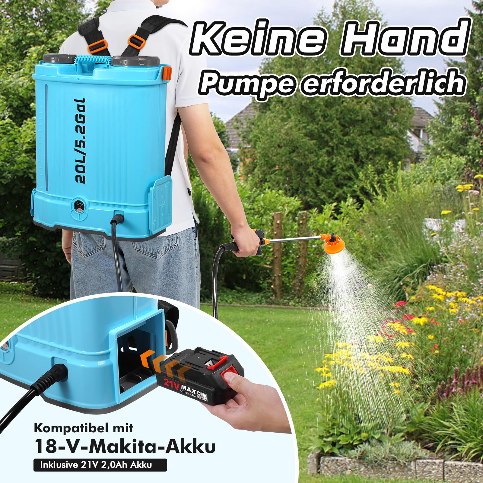 Akku Drucksprüher 20L, Rückenspritze Akku Kompatibel Mit 18V, 5,5 Bar Drucksprüher Mit 6 Nebeldüsen,Ladegerät, Teleskopstab, Schultergurt, Akku Für Gartenbau, Landwirtschaft Und Unkrautbekämpfung