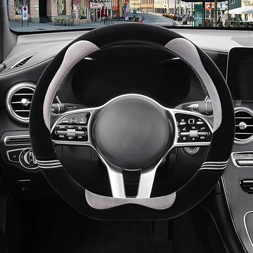 Funda para volante de 14 pulgadas con forma de D, peluda y linda, de felpa corta y suave, accesorios para automóvil, antideslizante, resistente al