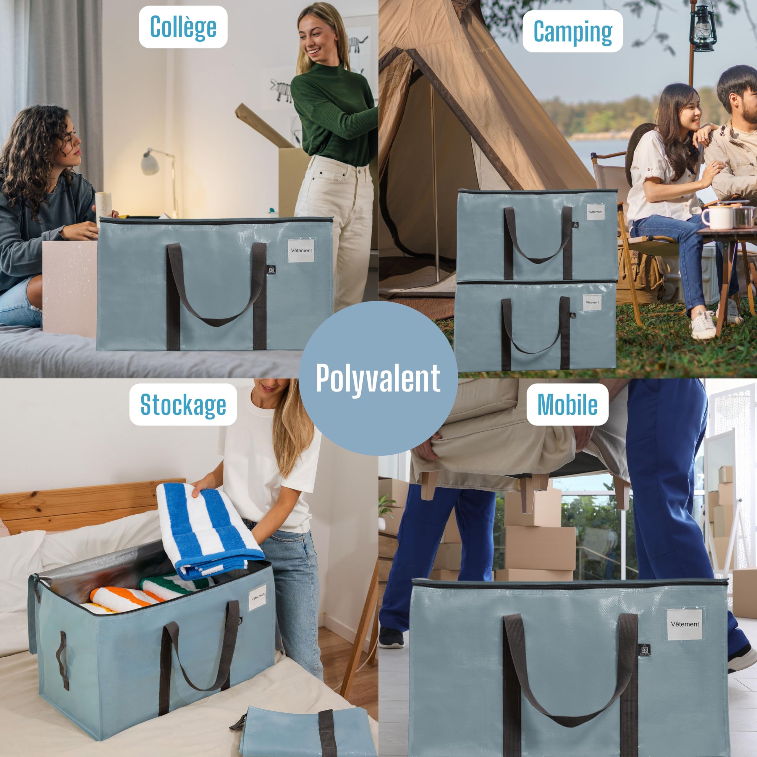 VENO Sac Demenagement Grand Format, Sac de Rangement Vêtement Pliable avec Grande Ouverture Zippée et Poignées Renforcées, Alternative aux Cartons Déménagement (Bleu Clair, Lot de 4)