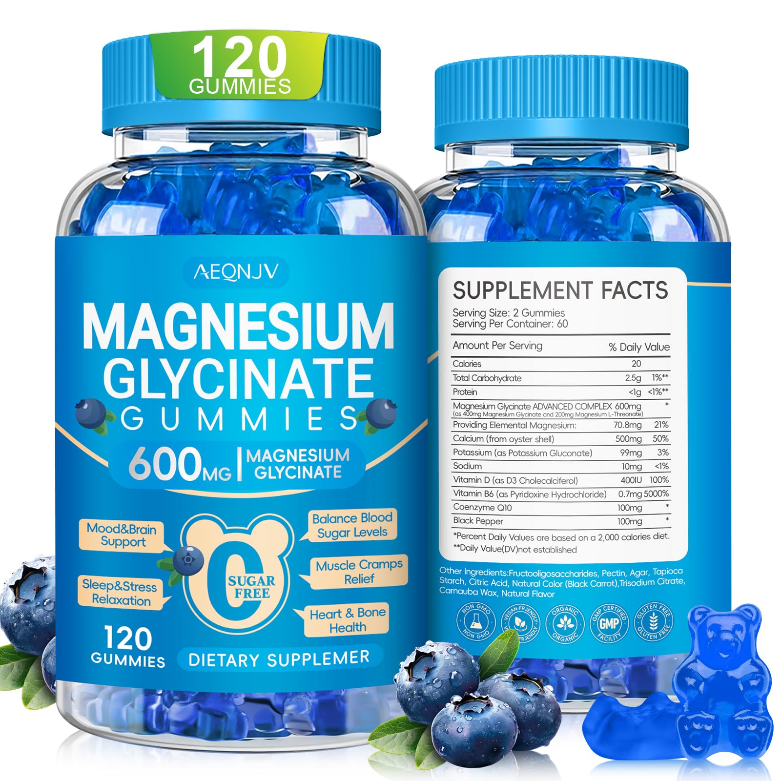 Magnesium Glycinate Gummies 600mg, Chewable Sugar Free Potassium Magnesium Gummies with Manganese Glycinate, Vitamin D, B6, and CoQ10 for Calm Support & Sleep for Adults, 60 Days Supply