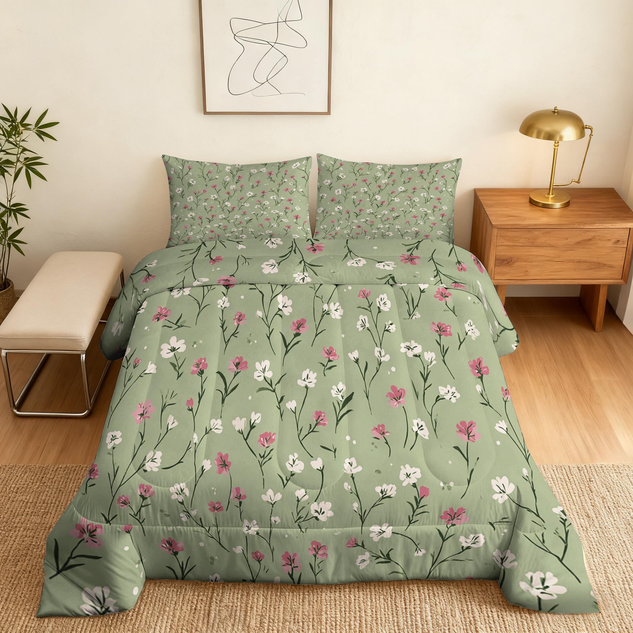 Coverless Duvet Double Sage Green Floral Pattern, Bedroom Decor, Gift, Botanical Flower Bedding Comforter Set 3 Piece, 2 Pillowcases, Soft All Season Quilt 10.5 Tog - S&E480 โ image 1