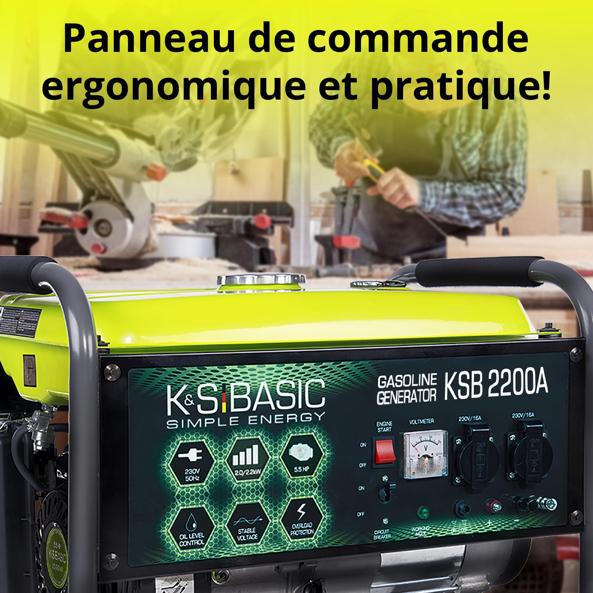 Groupe électrogène à essence KSB 2200A, puissance maximale 2200W, démarrage manuel, puissance moteur 5,5 CV, régulateur AVR, voltmètre, 2x16A (230V), sortie 12V, alternateur en aluminium