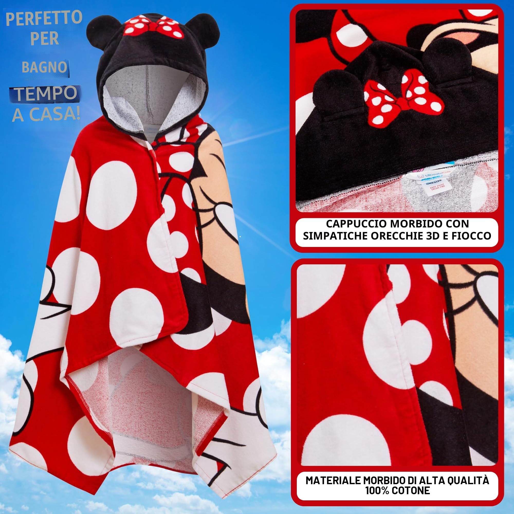 Disney Asciugamano con cappuccio Minnie Mouse 100% cotone Poncho per ragazze Asciugamano da spiaggia per bambini Asciugamano da bagno Avvolgente da piscina Accappatoio da cambio