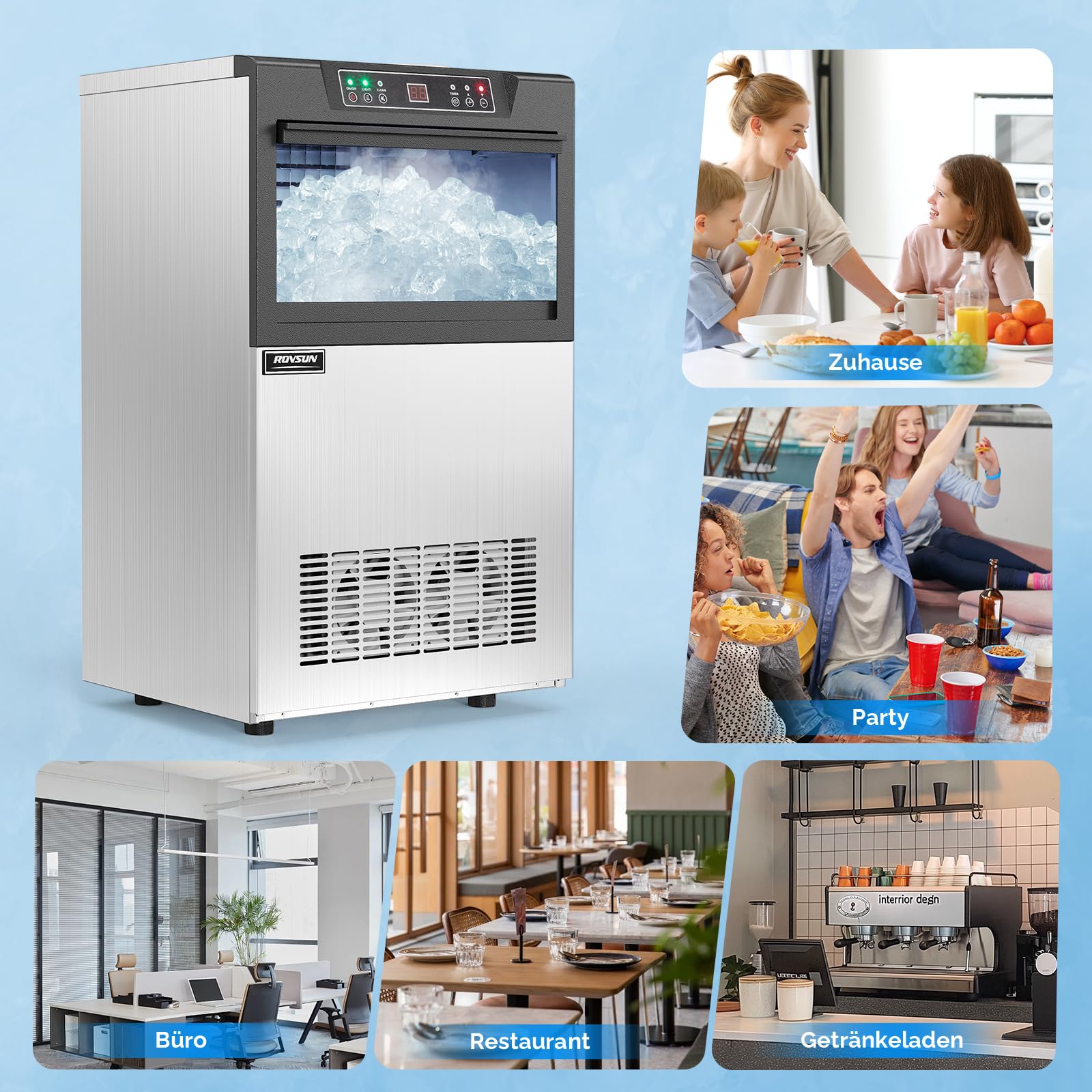 ROVSUN Gewerbliche Eiswürfelmaschine 50 kg/24H Kommerzielle Eismaschine mit Kompressor 50 Stück/14 Min. 23 kg Eislagerkapazität, Eiswürfelbereiter 24H-Timer, LCD-Anzeige, Selbstreinigung