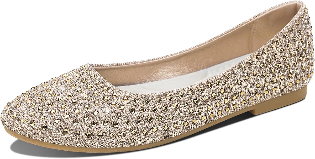 Jeekopeg Women Rhinestone Ballet Flats Sparkly Classic Round Toe Flats Comfortable Slip on Ballerina Flats Elegant Wedding Party Dress Shoes for Lady
