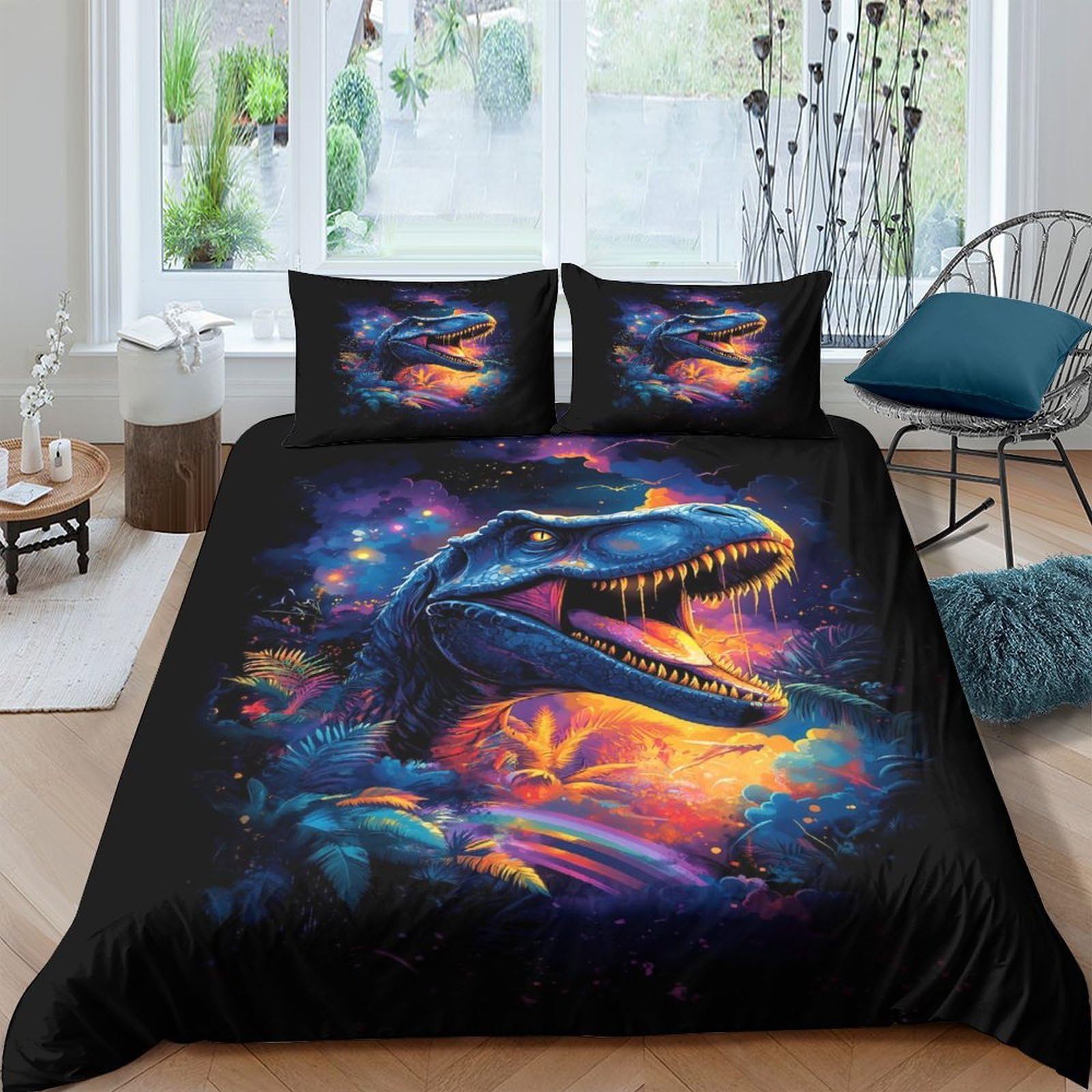 Ctjqhvkz Style-1 3D Printed Blue Dinosaur Fitted Sheet Microfiber Soft Vibrant Fire Pattern Mattress Cover For Bedroom Dorm Decor Single（135X200cm）