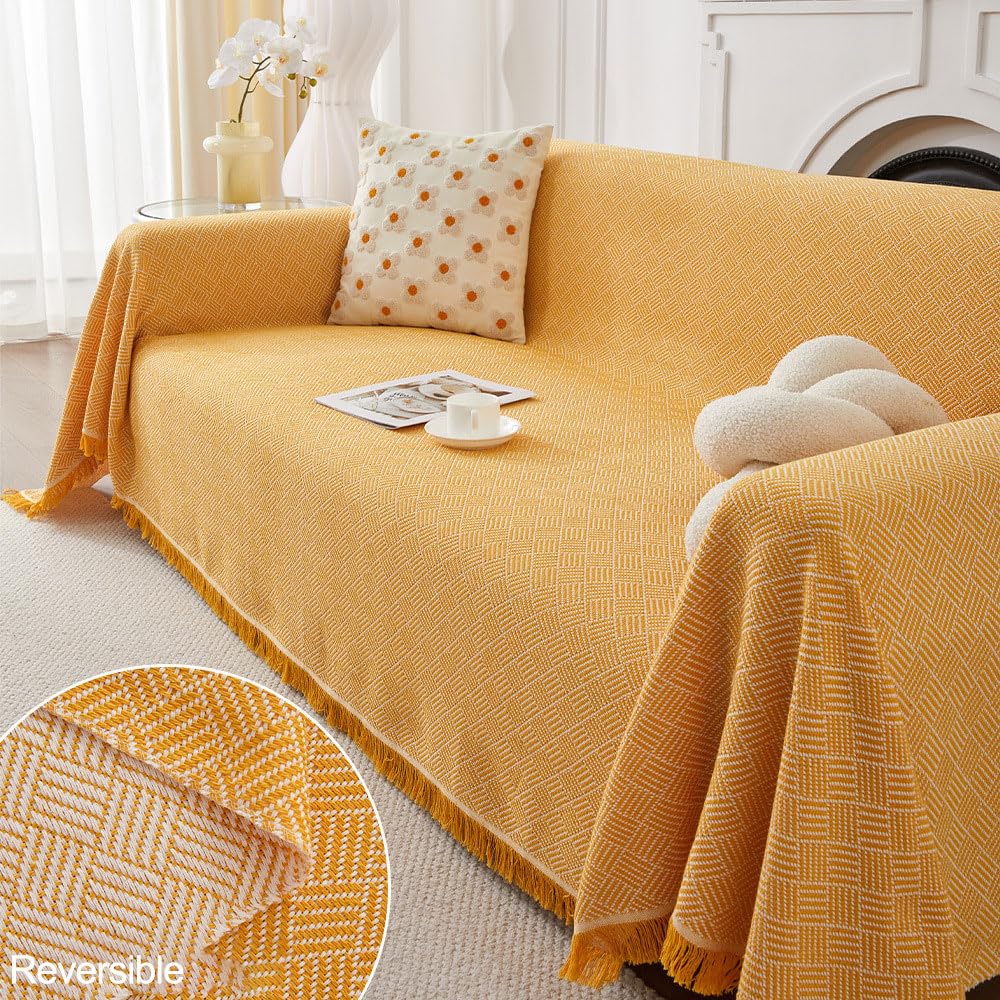 Highdi Sofa Throws Large, Extra Large Throws for Settees, Nordic Style Versatile Woven Soft Throw Blanket with Tassels for Settees Couch Armchair Sofa Bed (180x420cm,Yellow) — image 1
