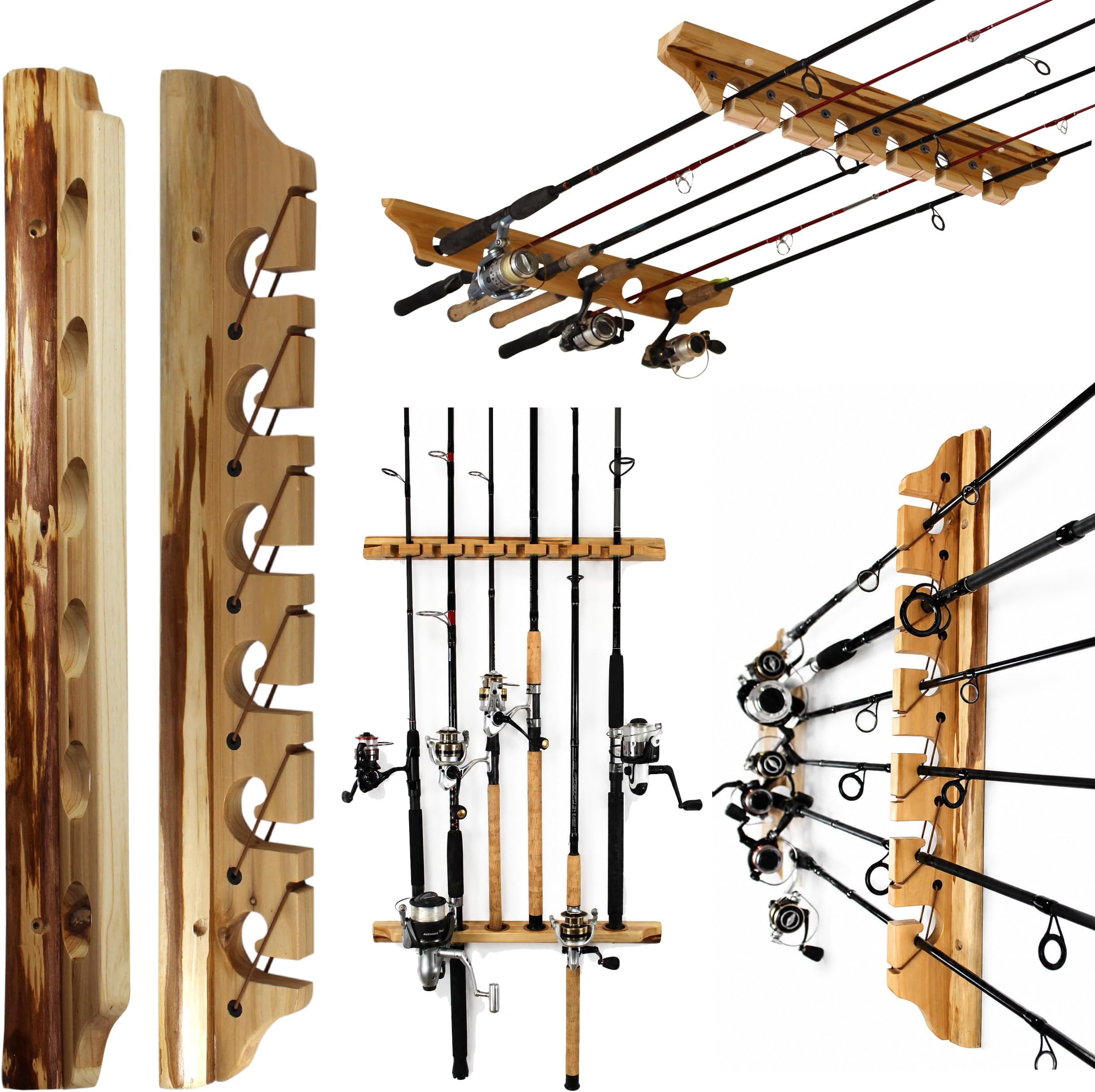 Rush Creek Creations 6-Rod Vertical Wall-Mount Fishing Pole Holder | Securely Holds 6 Rods, Solid Pine, 6-Rod Capacity, Wall-Mount, Ceiling, For Garage, Fishing Rod Holder, Fishing Gear