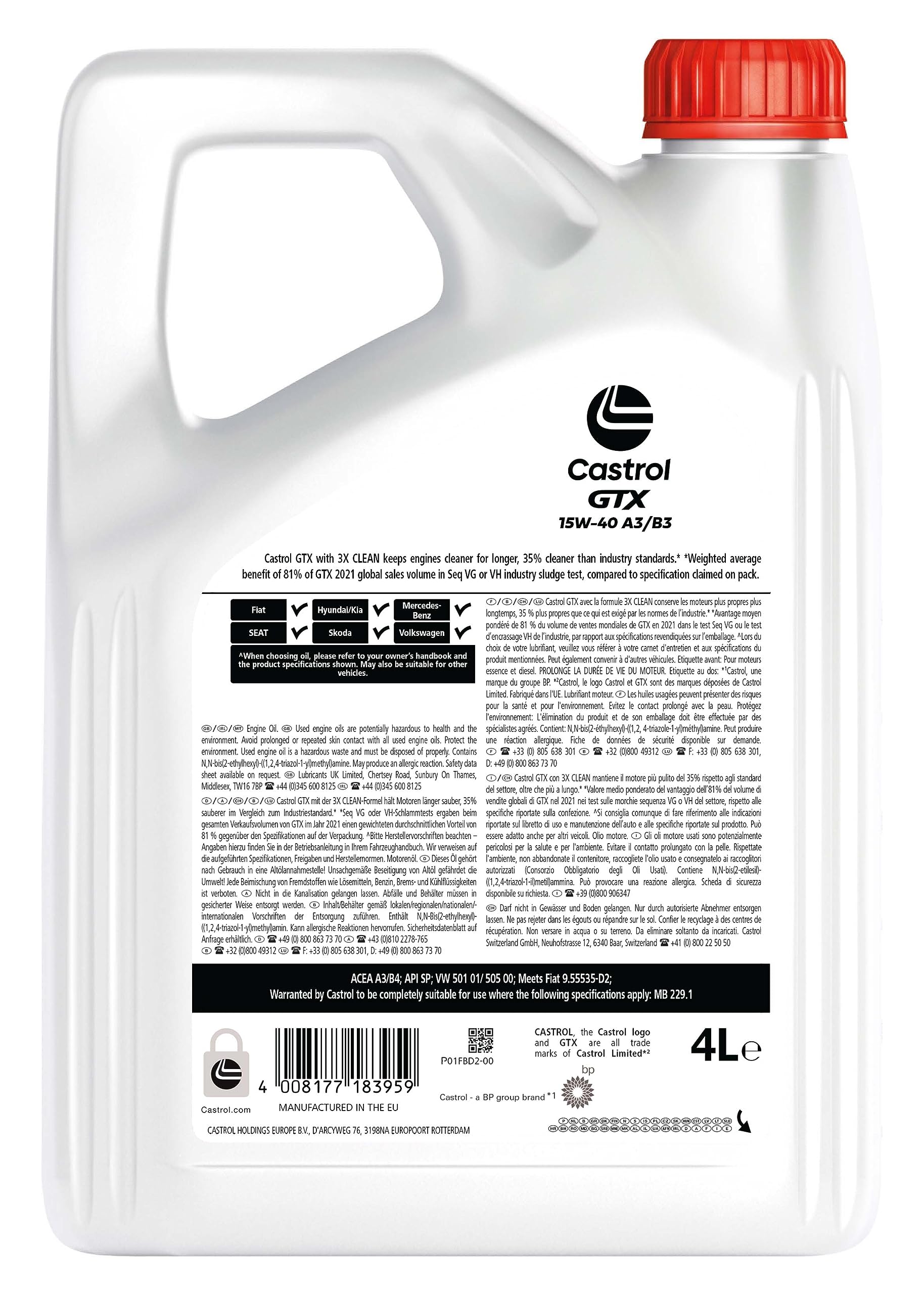 CASTROL Huile moteur GTX 15W-40 Huile minérale ACEA A3/B4 API SP A3/B3 4 L Compatible avec VW Golf IV 3/5 portes 1J1 Golf V 3/5 portes 1K1 Polo IV 3/5 portes 9N, 9A Touran I 1T1, 1T2