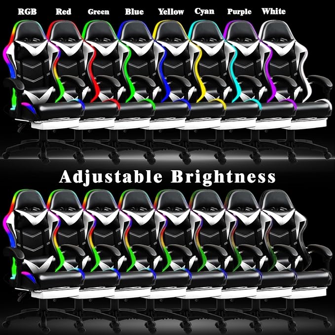 Gaming Chair, Racing Style RGB LED Lights Gaming Chairs for Adults and Kids, Lumbar Massager Gamer Chair, High Back Reclining Computer Chair with Footrest and Headrest (Black/White)