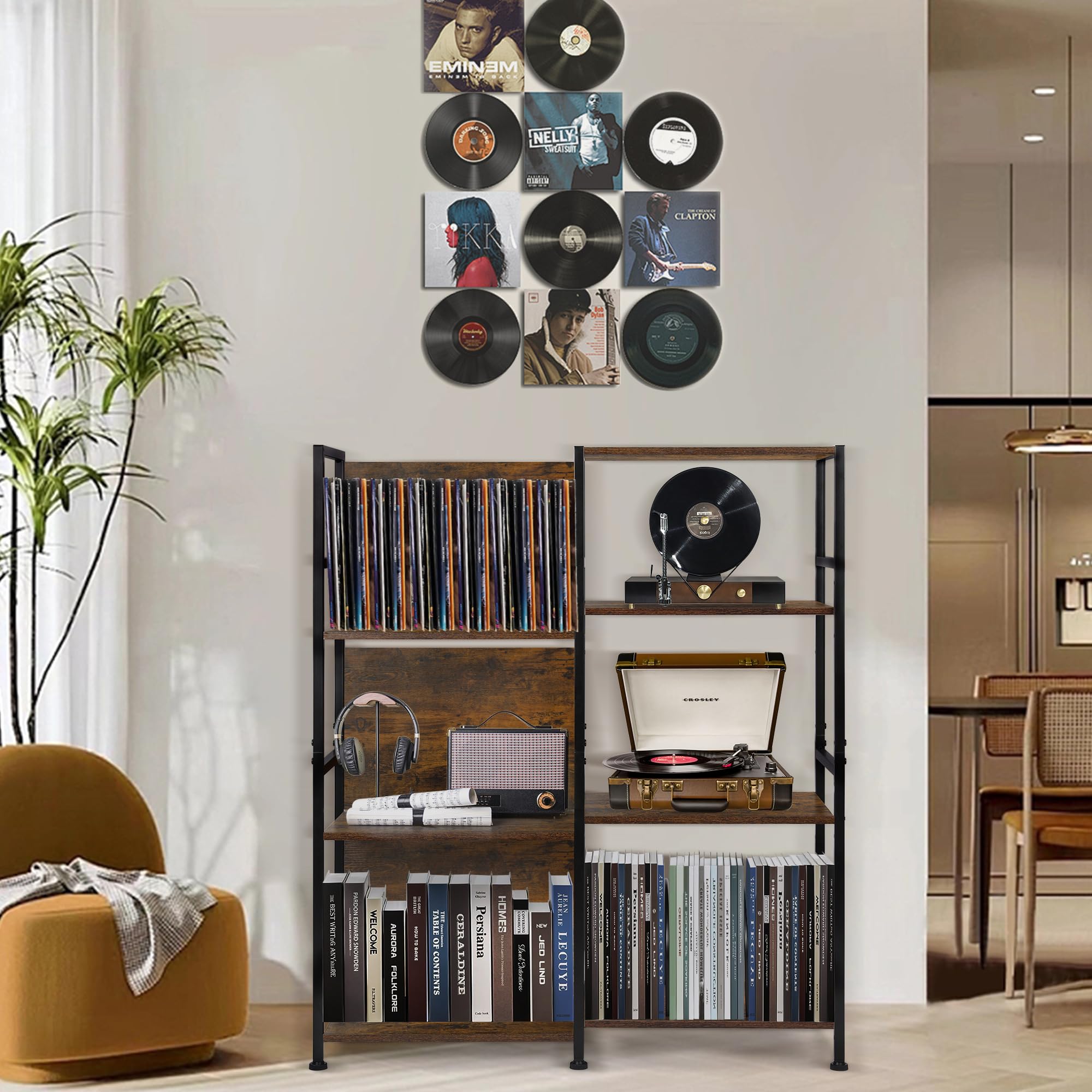 TQVAI Grand support de lecteur de disques vinyles pouvant contenir 200 albums, table tournante avec étagères de rangement, 3 étagères en bois, vitrine
