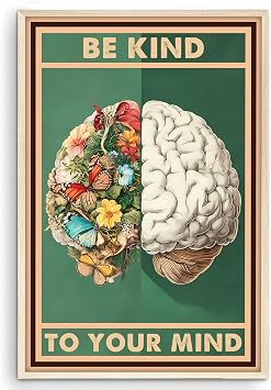 Eastern Print Be Kind To Your Mind Poster, Living Room Wall Art, Mental Health Wall Art, Vintage Butterflies Brain Prints, Zen Meditation Wall Decor for Bedroom, Home, Kitchen, Office, UNFRAME 8x12