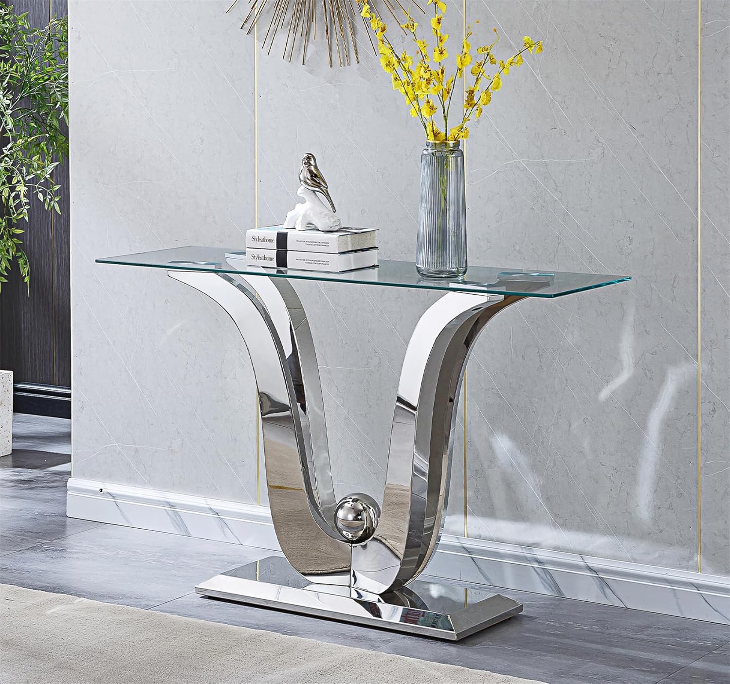 4 Piece Glass Coffee Table Set, Silver Coffee Table with 1 Sofa Table and 2 Square End Side Tables, Modern Living Room Table Set with Gorgeous Stainless Steel Frame for Apartment Home Office