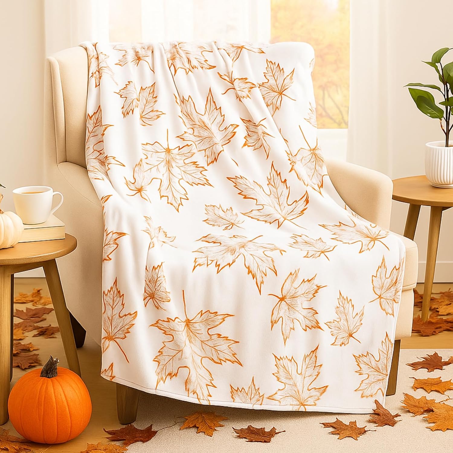 Hosuly Thanksgiving Throw Blanket Soft Fall Leaves Blanket Autumn Plush Flannel Blanket Fall Warm Throw Blanket Harvest Cozy Blanket for Couch Bed Sofa Holiday, 50 x 60 Inches