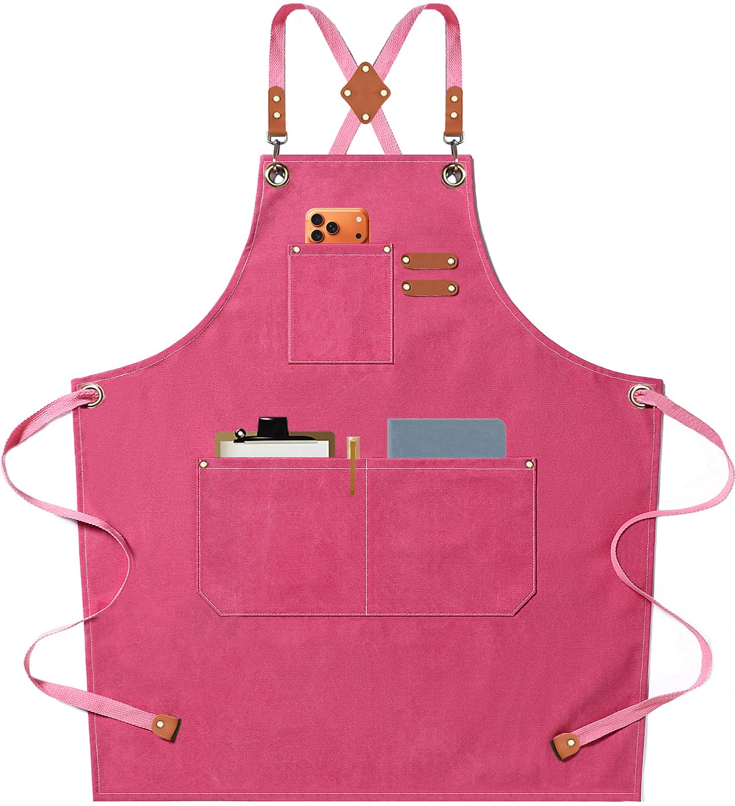 AFUN Chef Apron, Cotton Canvas Cross Back Apron with Adjustable Straps and Large Pockets,M to XXL (Pink)