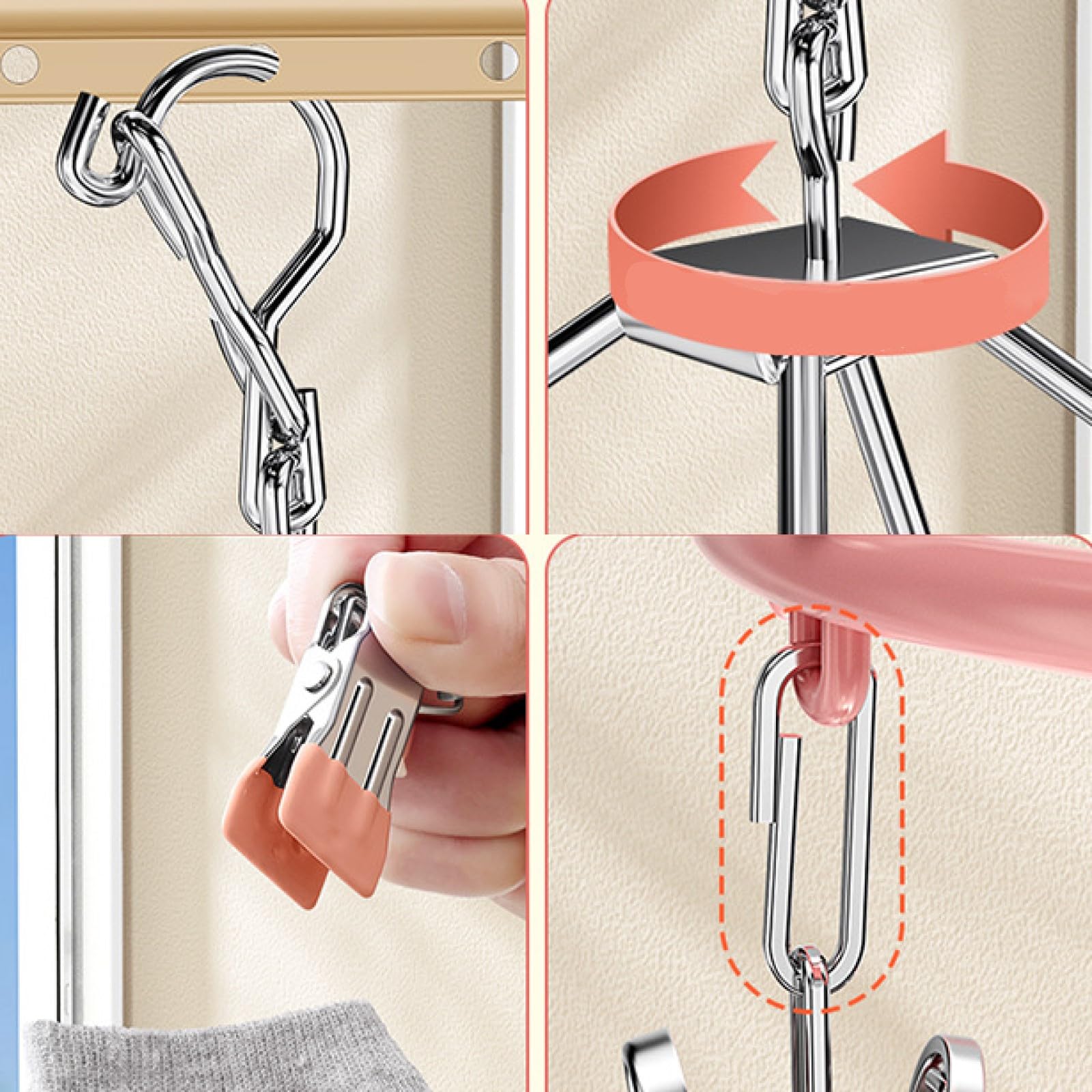 Antivento pieghevole rettangolare stendino, Clip in acciaio inox stendino per calzini con 24 clip, Stendibiancheria In Acciaio Inox Con Gancio Girevole, Antivento, Per Calze(grigio)