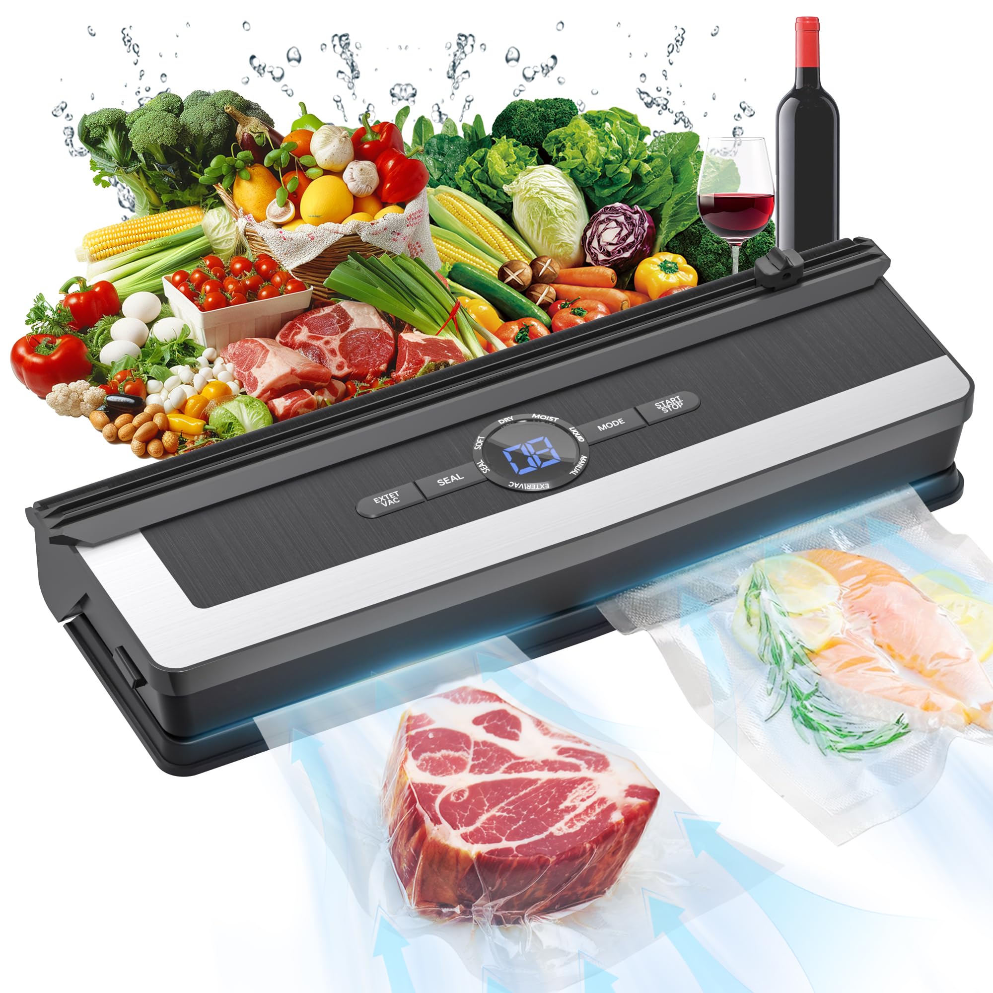 5-in-1 Vakuumiergerät mit Schneidefunktion | 85Kpa Vakuumierer für Fleisch, Gemüse & Kühlung | Mit Digital Timer & 5 Vakuumbeuteln | Für Küche & Langzeitlagerung