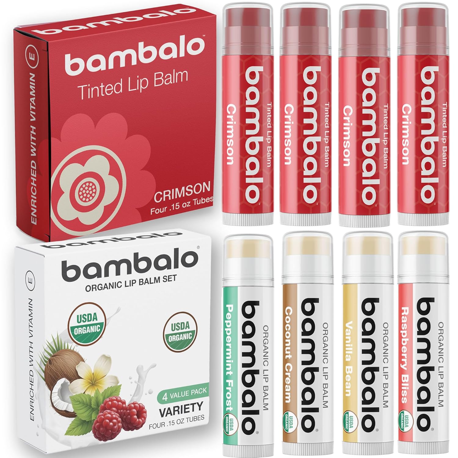 8-Pack Lip Balm Set with 4 Crimson Tinted Balms & USDA Organic Flavors – Includes Crimson, Peppermint, Raspberry, Vanilla, and Coconut – Moisturizing & Nourishing Lip Care