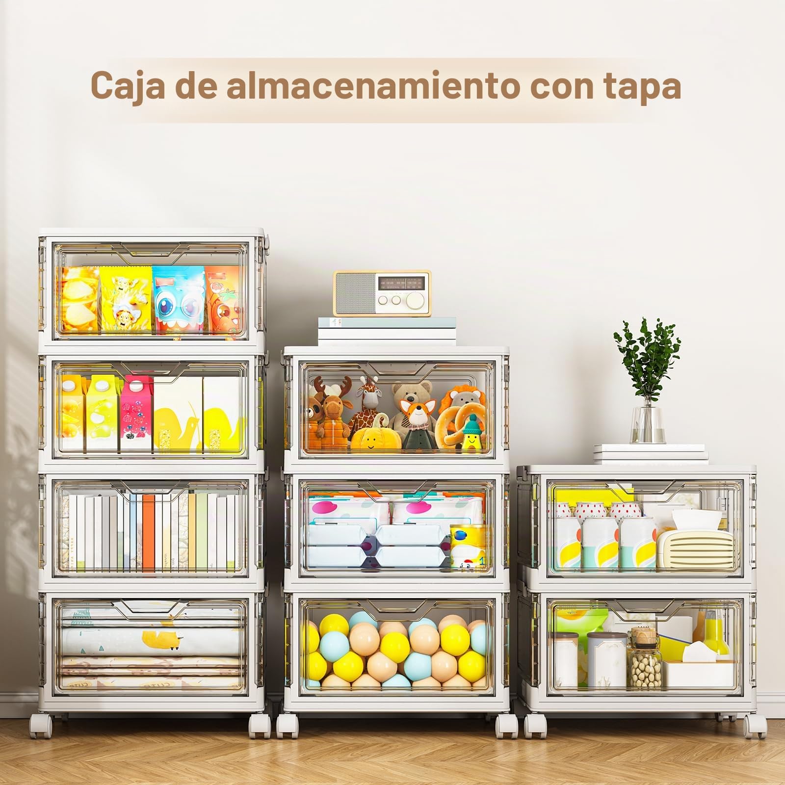 Cajas de almacenamiento con tapa, cajas de plástico apilables transparentes, grandes organizadores para dormitorio, sala de estar, baño
