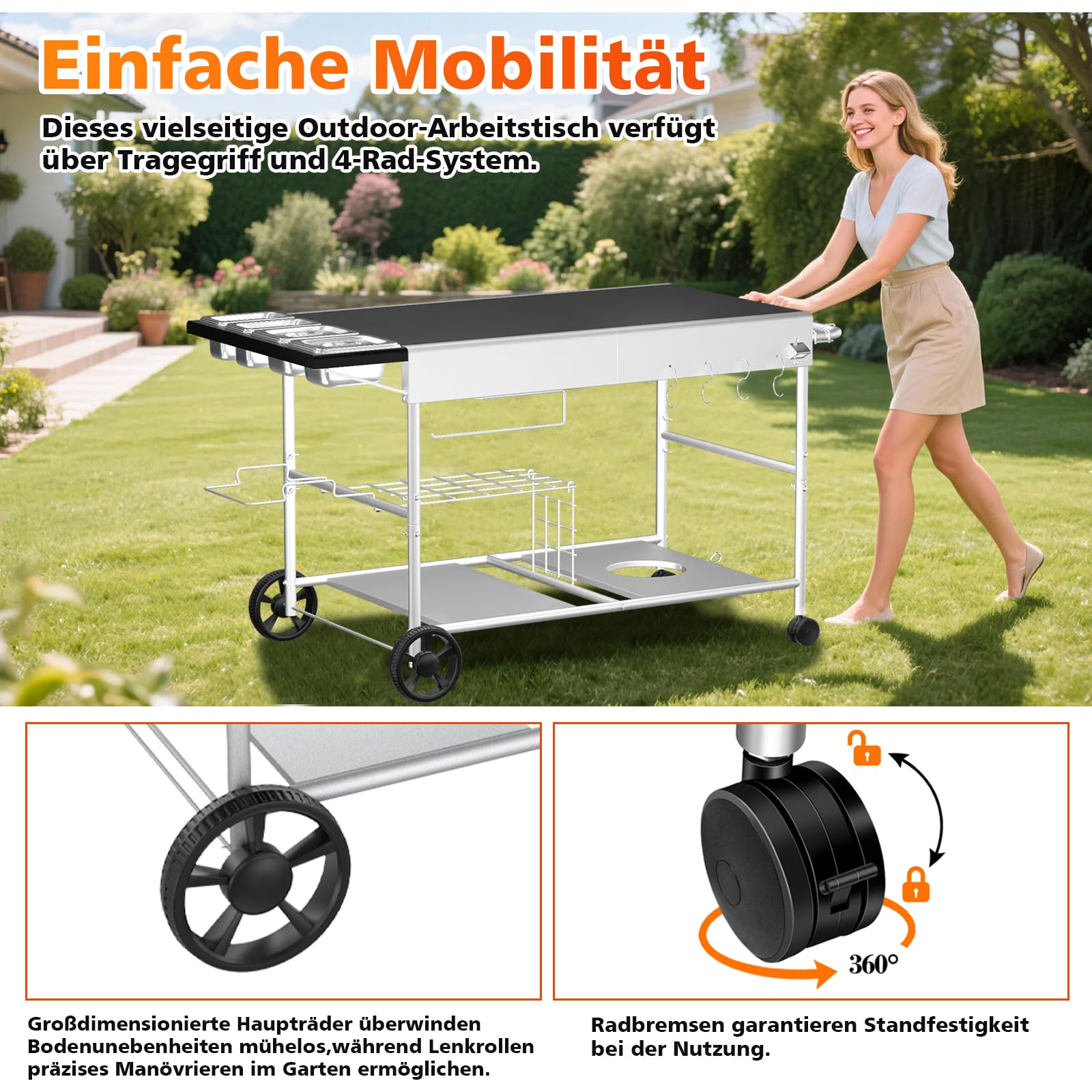 GFTIME 128 x 64 x 78cm Grillwagen Servierwagen für Weber Q Serie, Ninja Woodfire, Pizzaofen, Tischgrill,Grilltisch mit großer Arbeitsfläche, Outdoor Servierwagen Garten Trolley