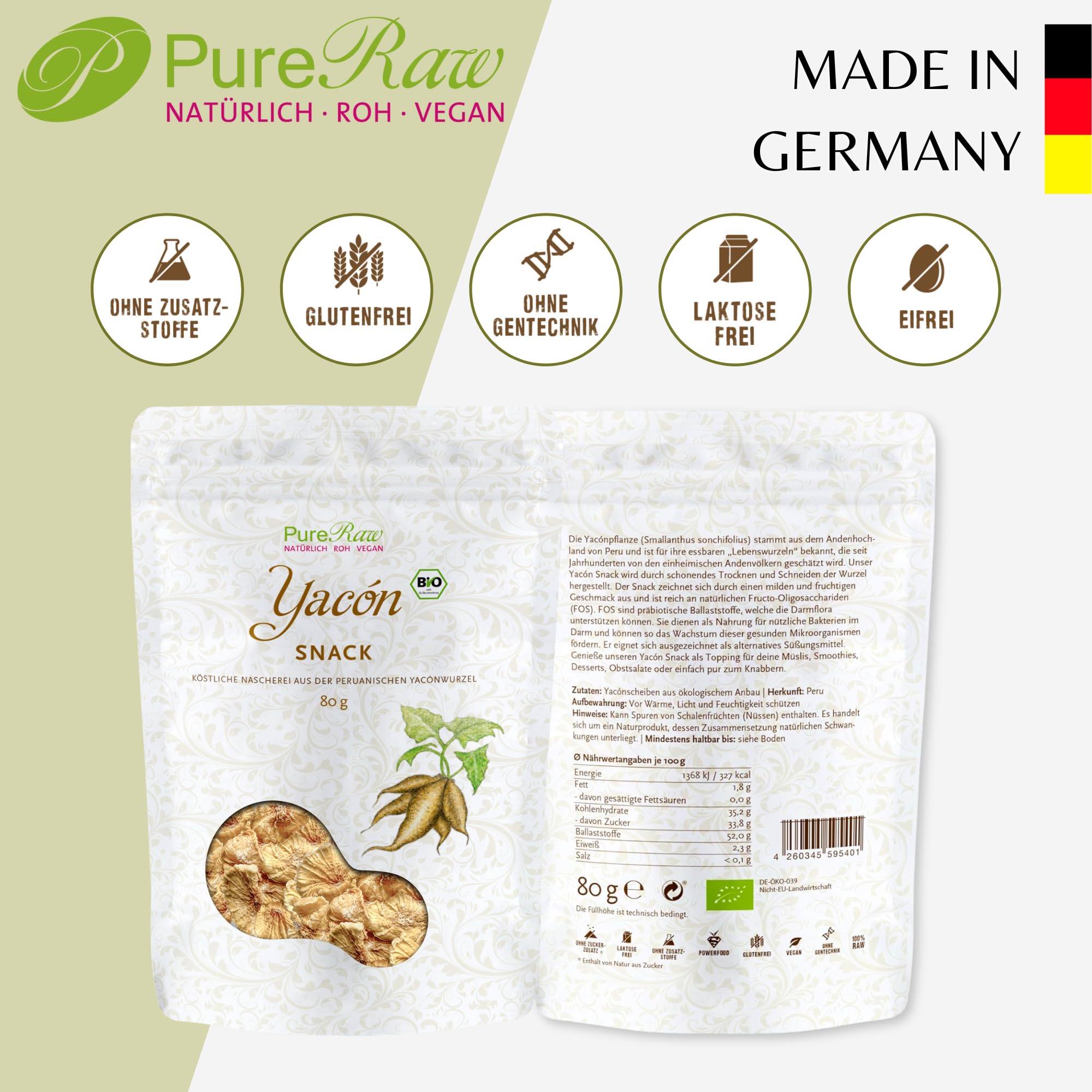 Bio Yacon 3er Set - Yacon Sirup 330g, Yacon Pulver 170g & Yacon Snack 80g PureRaw - reich an Ballasstoffen, frei von Zusatzstoffen, vielfälltig Verwendbar I PureRaw