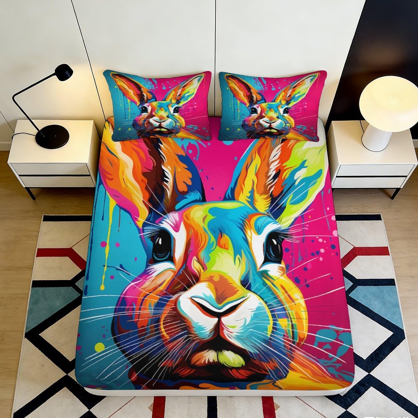 Pnayamiorkfel Style-1 3D Printed Colourful Rabbit Fitted Sheet Microfiber Soft Breathable Abstract Bunny Bed Cover For Bedroom Guest Room Decor 90X200x25cm