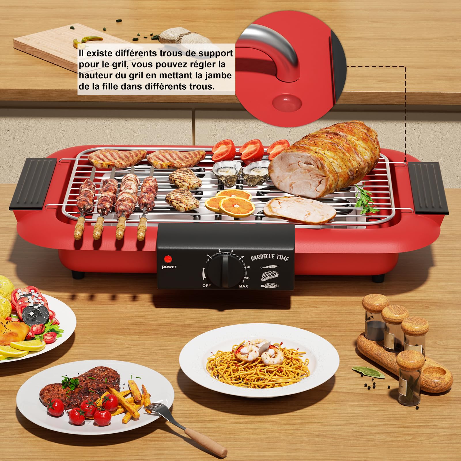 Barbecue électrique, barbecue intérieur/extérieur antiadhésif sans fumée, double tube 2000 W, portable, haute puissance, amovible, pour barbecue (rouge)