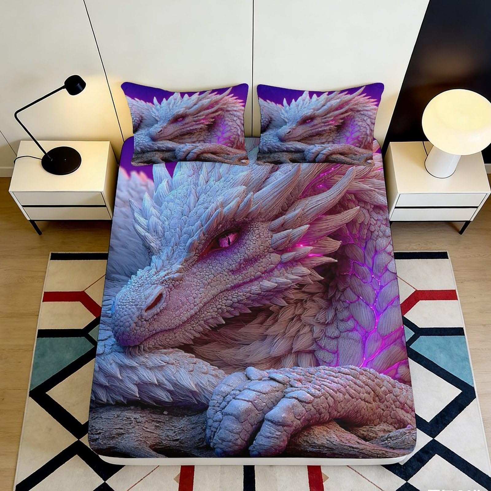 Jqzkxnhpbr Style-4 3D Printed Fantasy Dragon Fitted Sheet Microfiber Soft Bed Cover Purple Fire Art For Bedroom Guest Room Decor 90X200x25cm