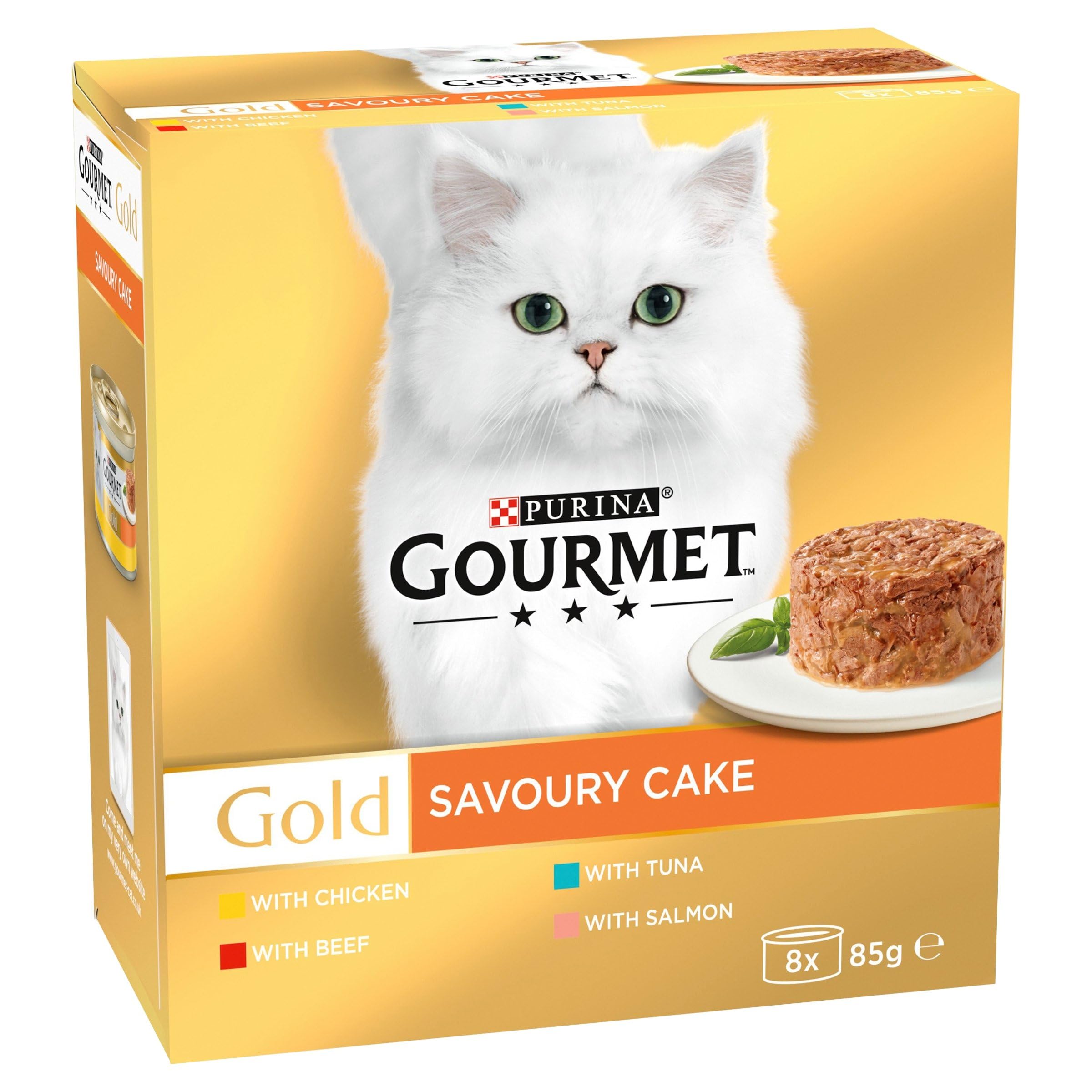 The Gourmet Gold Savoury Cake cat food multipack, featuring 85g tins for freshness.