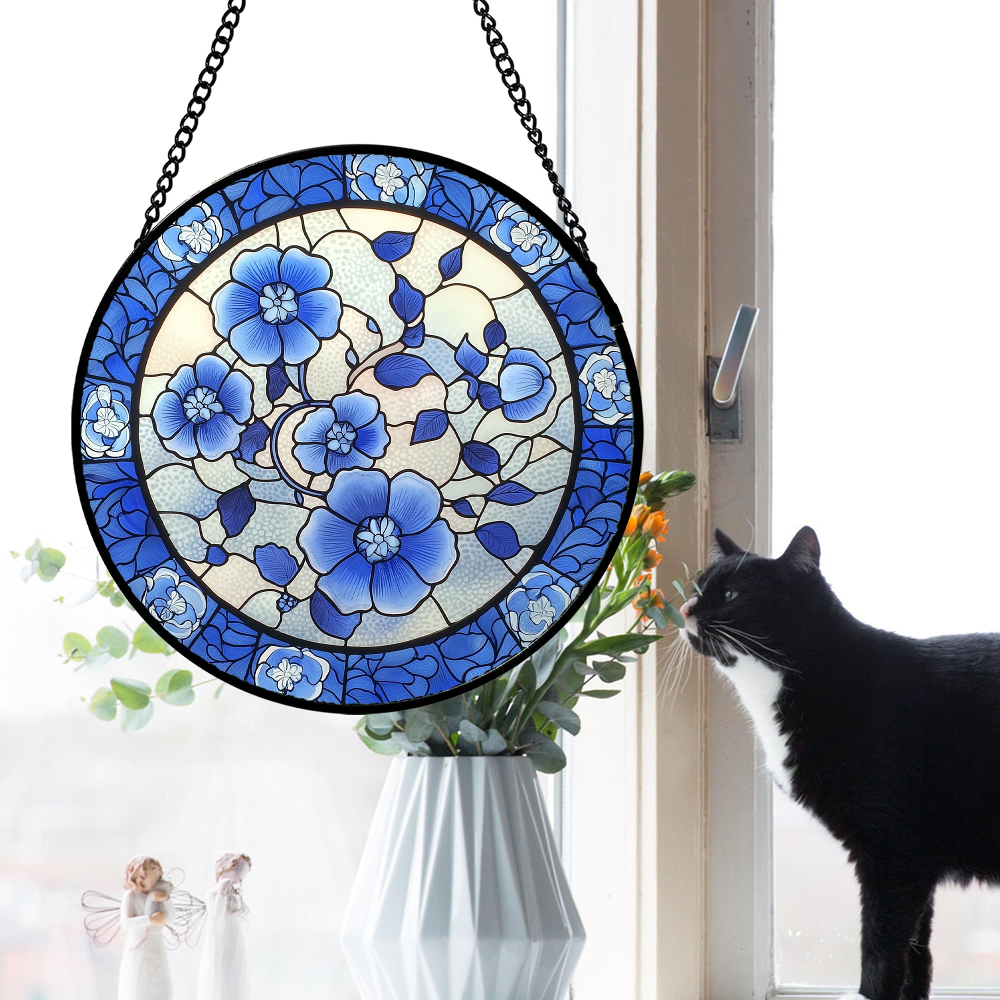 AMDERVEN Stained Glass Window Hanging, Blue and White Plum Blossom Sun Catcher for Door Home Decor Flowers Suncatcher Christmas Mother's Day Birthday