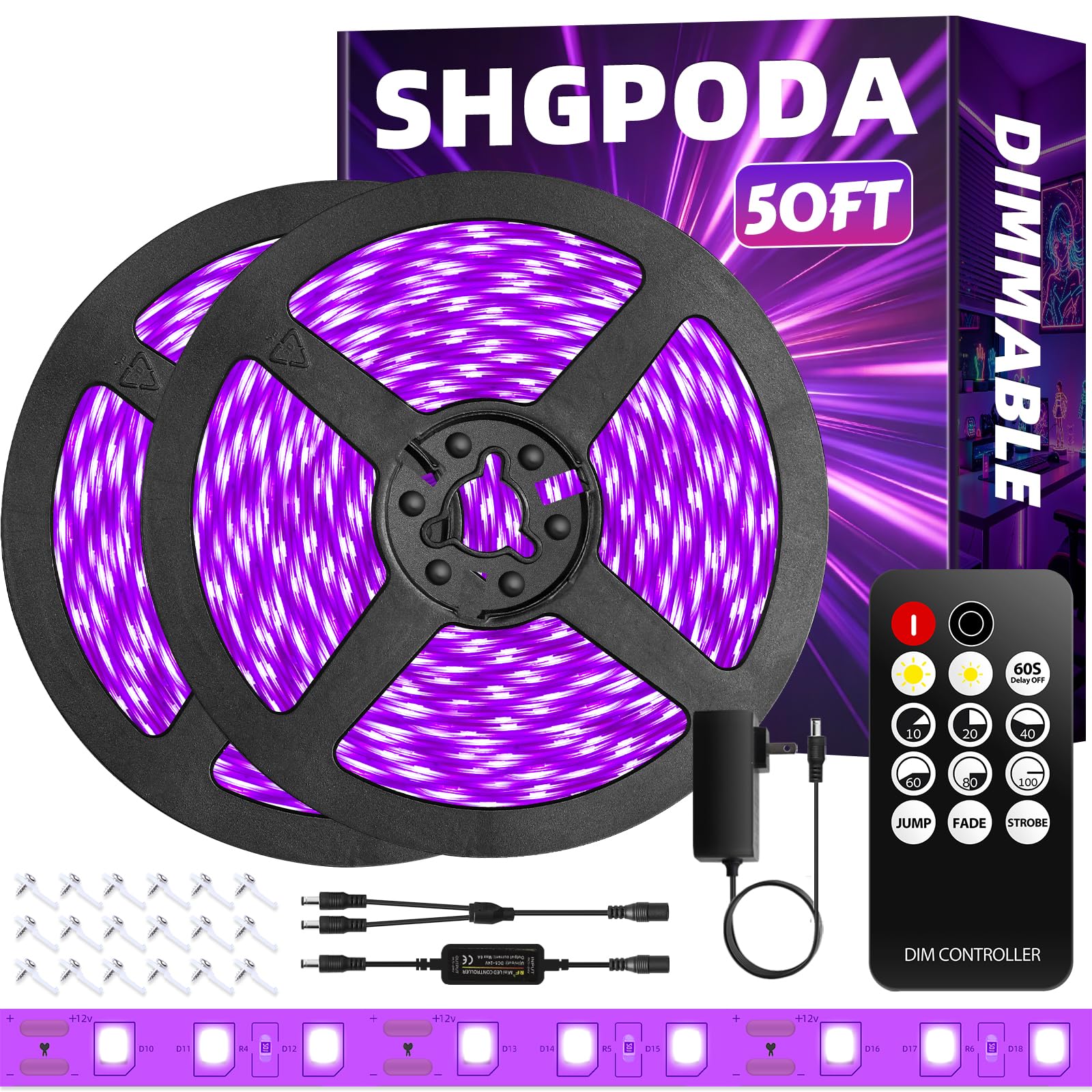 Photo 1 of **Missing controller and roll and power supply** SHGPODA 50 Foot Black Light Strip & Remote, 900LEDs, Dimmable 12V Flexible Black Lights for Glow Party, Bedroom, Halloween, Fluorescent Tapestry Poster, 3 Lighting Modes, Non-Waterproof