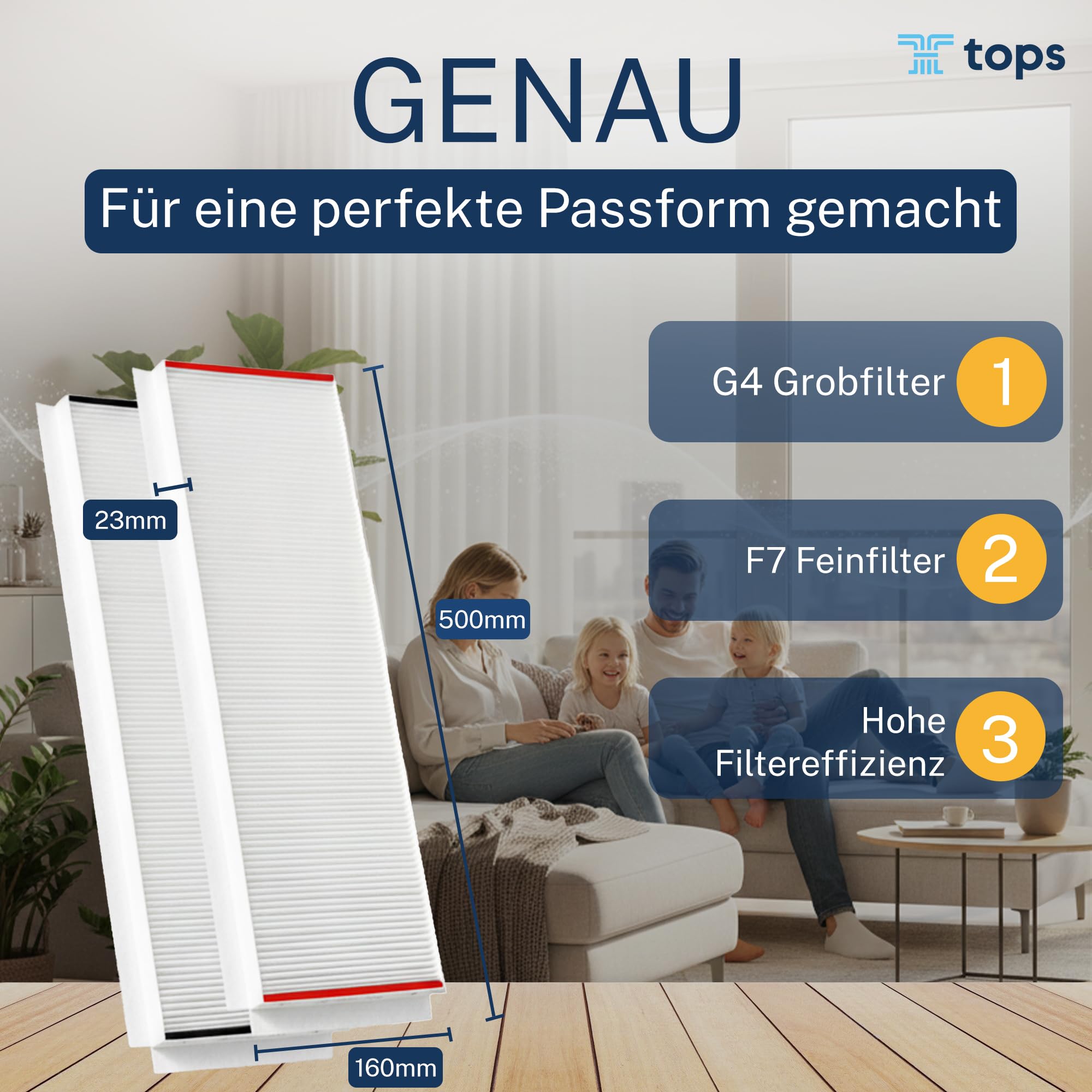 Tops Filter Für Zehnder ComfoAir Q350/450/600 | 4x Pollenfilter G4+F7 | Zehnder Filter ComfoAir Q350 | Ersetzt Original Zehnder 400502013