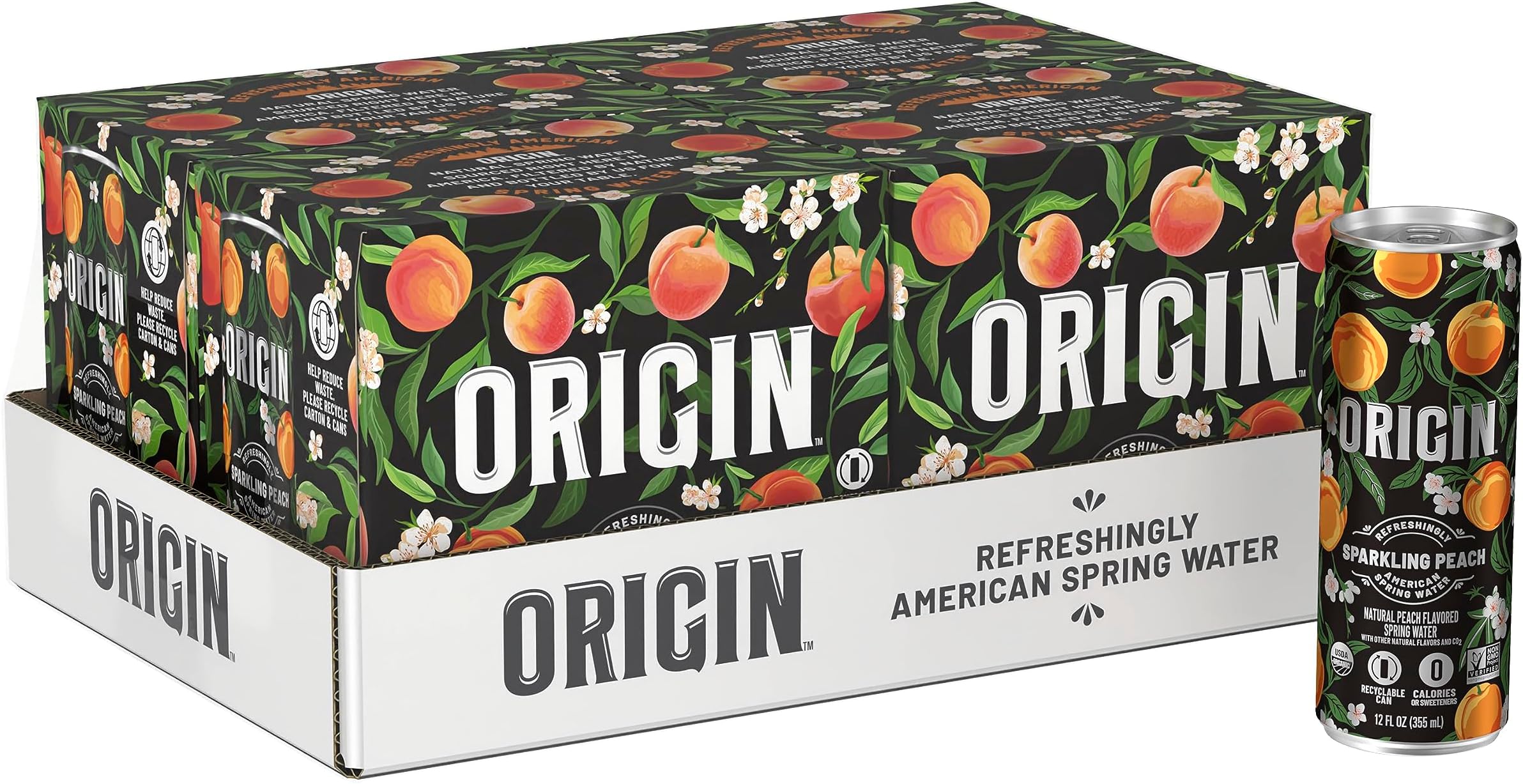 ORIGIN Organic & Non-GMO Peach Flavor Sparkling Water, 12 Fl Oz, Recyclable Aluminum Cans (24 Count)
