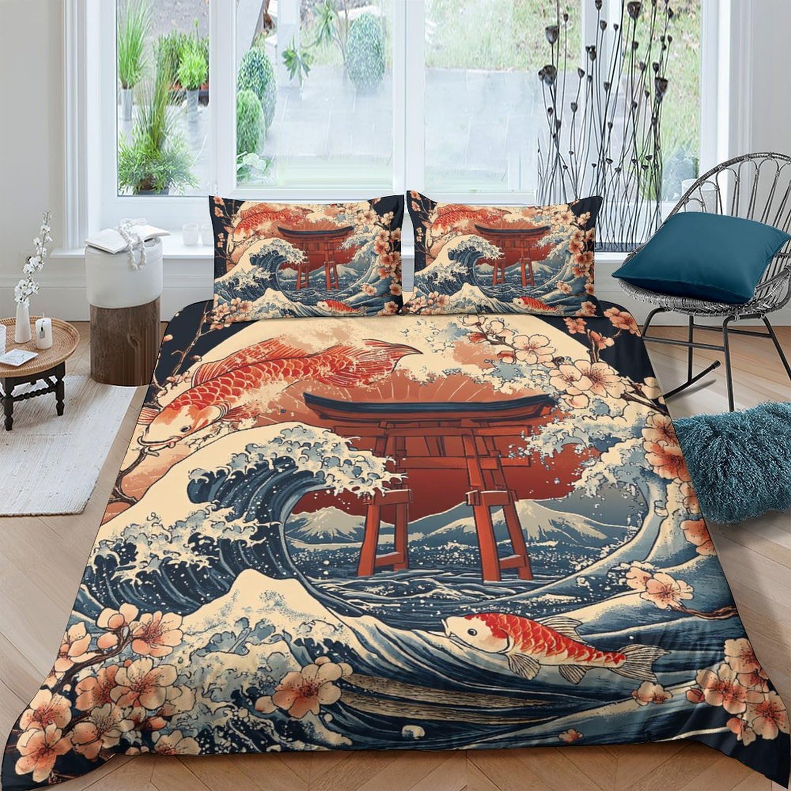Ctjqhvkz Style-4 3D Printed Japanese Torii Wave Fitted Sheet Microfiber Soft Koi Cherry Blossom Bed Cover Bedroom Decor Single（135X200cm）