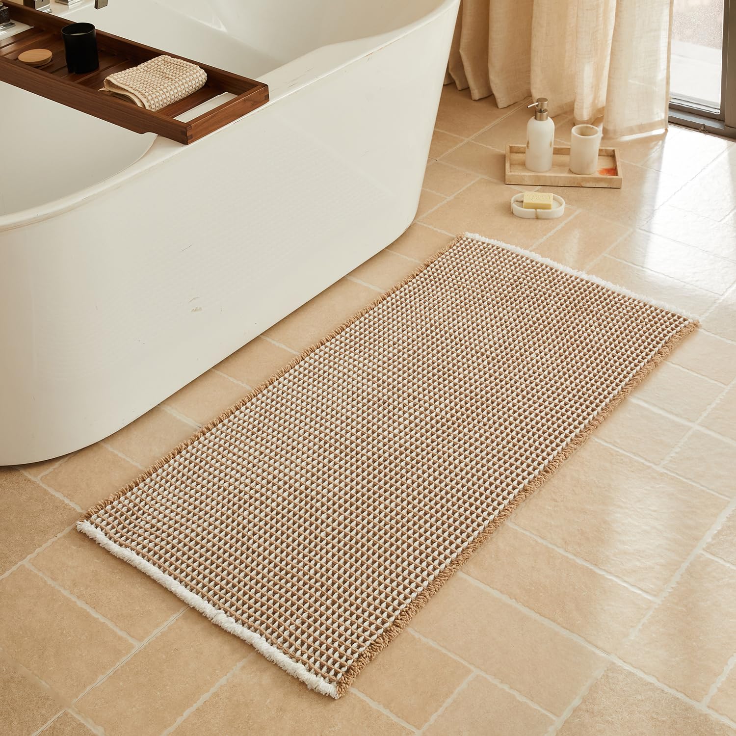 Triohero Waffle Bath Mat, Boho Bathroom Rugs Non Slip Washable, Ultra Soft Super Absorbent Quick Dry Farmhouse Bathroom Decor, 24" x 48", Khaki &