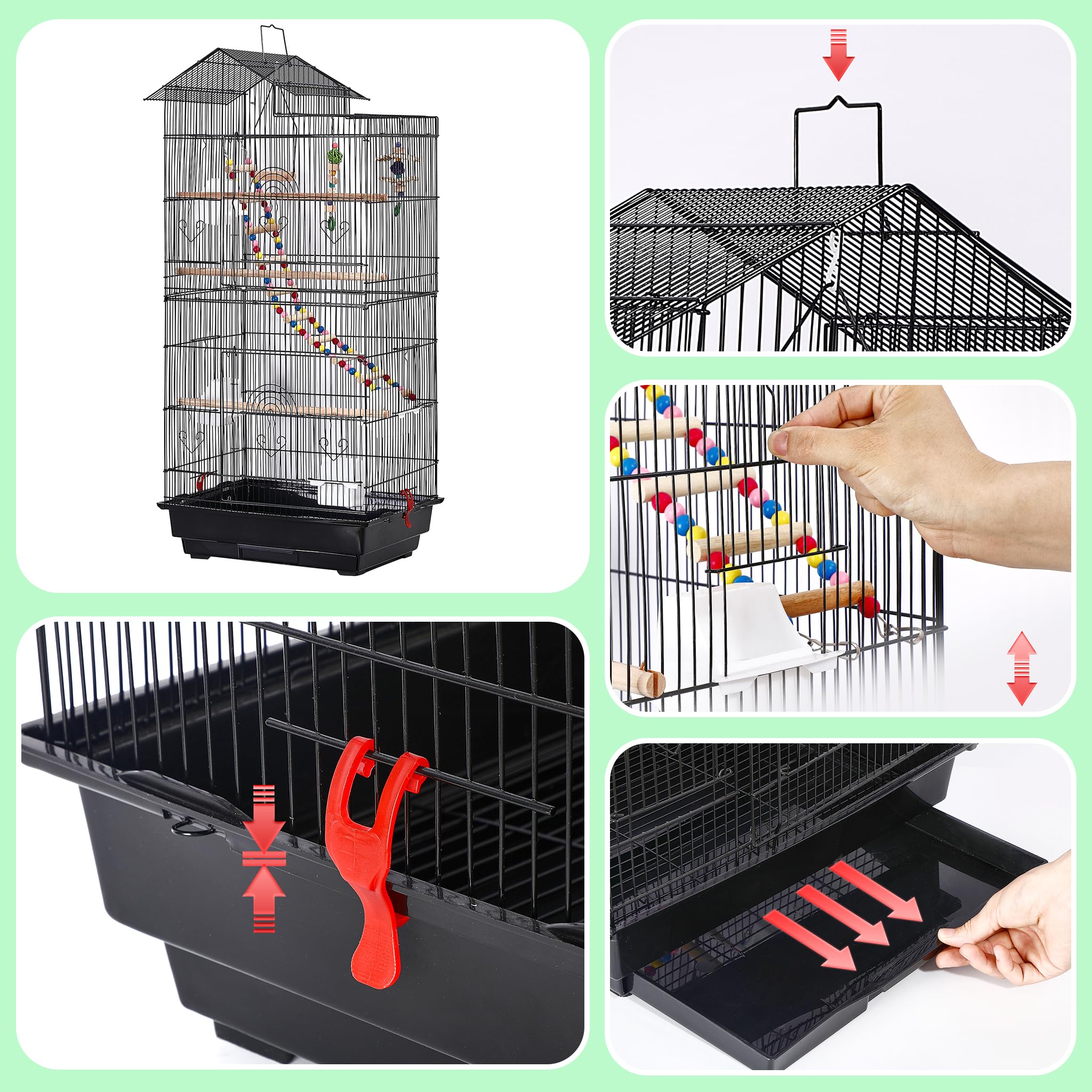 SUBTELTY Metall Vogelkäfige Wellensittich Käfig mit Spielzeuge & Ausruhen Holzstab Nymphensittiche Vogelbauer 46x35.5x99cm Tragbare Vogelvoliere mit Futtertrog & Herausnehmbares Tablett für Ziervögel