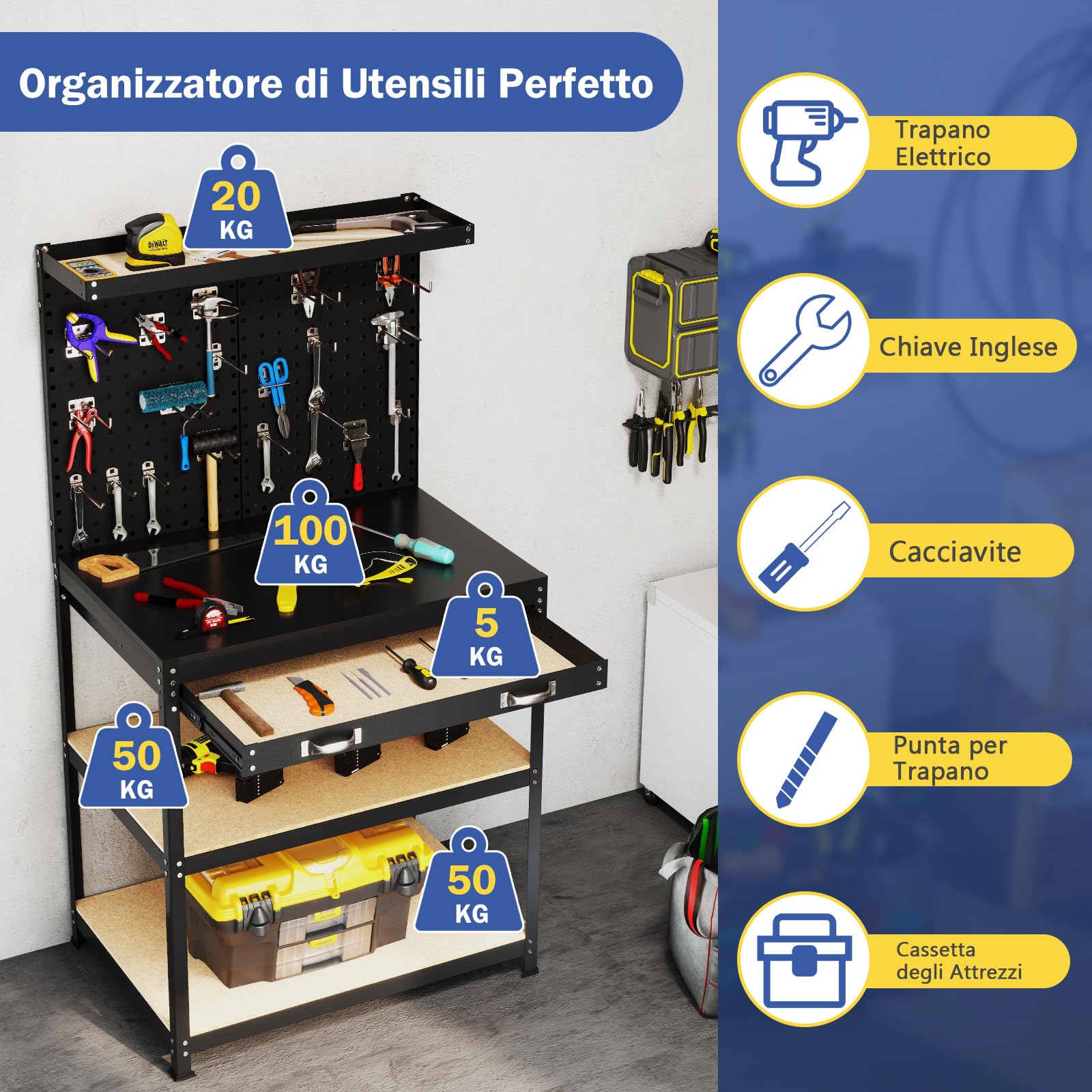 COSTWAY Banco da Lavoro con Piano da 81 x 41 cm, Banco da Lavoro Officina con Pannello Forato e 20 Ganci, Cassetto e 2 Ripiani, Tavolo Lavoro per Garage Capacità 225 kg (Nero, 81 x 41 x 156 cm)