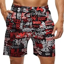 Mens Vintage Graffiti Swim Trunks Swim Shorts Quick Dry Inseam Beach Shorts with Compression Liner and Pocket,Red,2XL, XX-Large