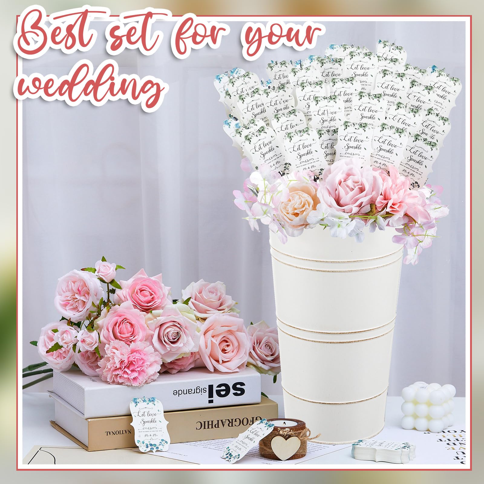 Henoyso Greenery Hochzeits-Wunderkerzen-Set, 150 Hochzeits-Wunderkerzenanhänger, "Let Love Sparkle Wedding Send Off", Acrylschild, 2 verzinkte Metalleimer für Hochzeitstisch, Tafelaufsatz Zuhause,