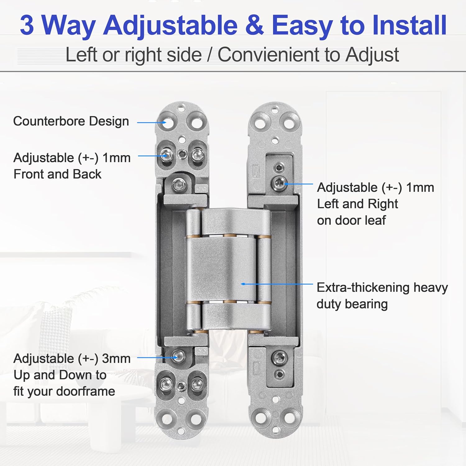 2Kits 7 inch Stainless Steel Hidden Door Hinges -Invisible Hinges for Doors, 180 Degree Swing Concealed Door Hinges, 3 Way Adjustable for Heavy Duty (‎Silver)
