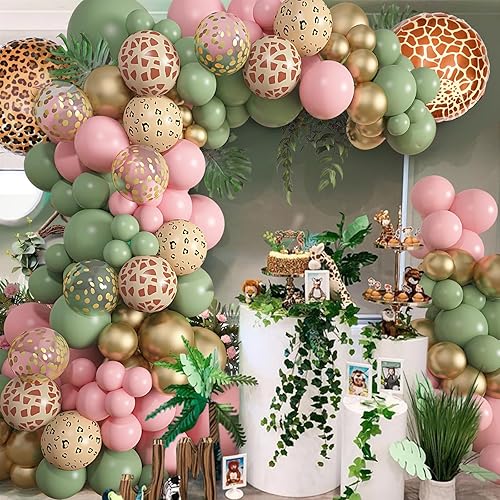 Miniatura 5 de Amandir Kit de arco de guirnalda de globos de safari de la selva, 170 unidades, estampado de animales, globos de color rosa salvia y verde salvaje,