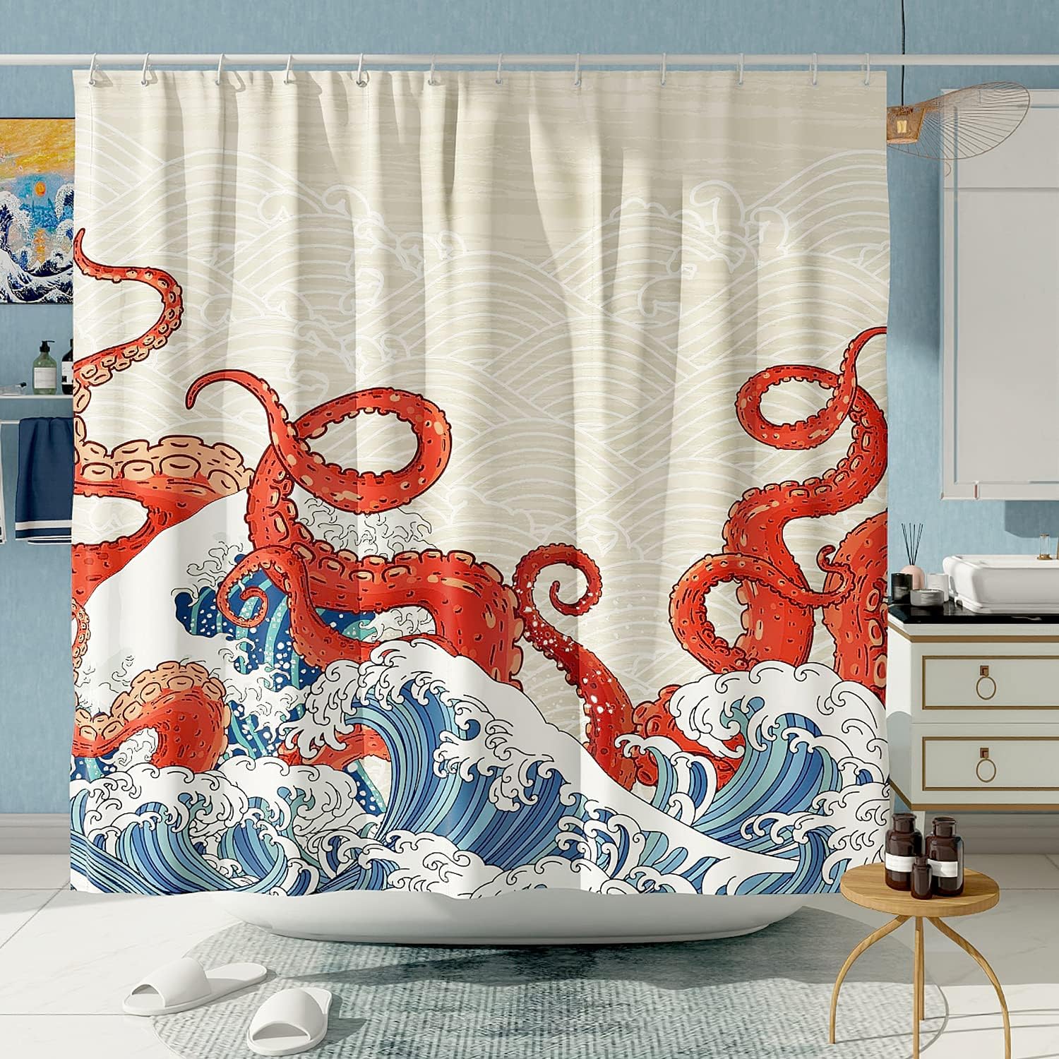 DESIHOM Kraken Shower Curtain Set Japanese Octopus Shower