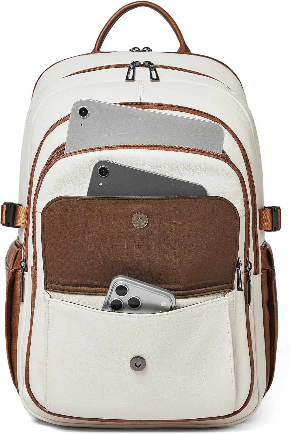 Vegan Leather Backpack, TSA Travel Backpack for Men and Women, Fits 17.0 Inch Notebook with Luggage Strap and USB Port, Beige
