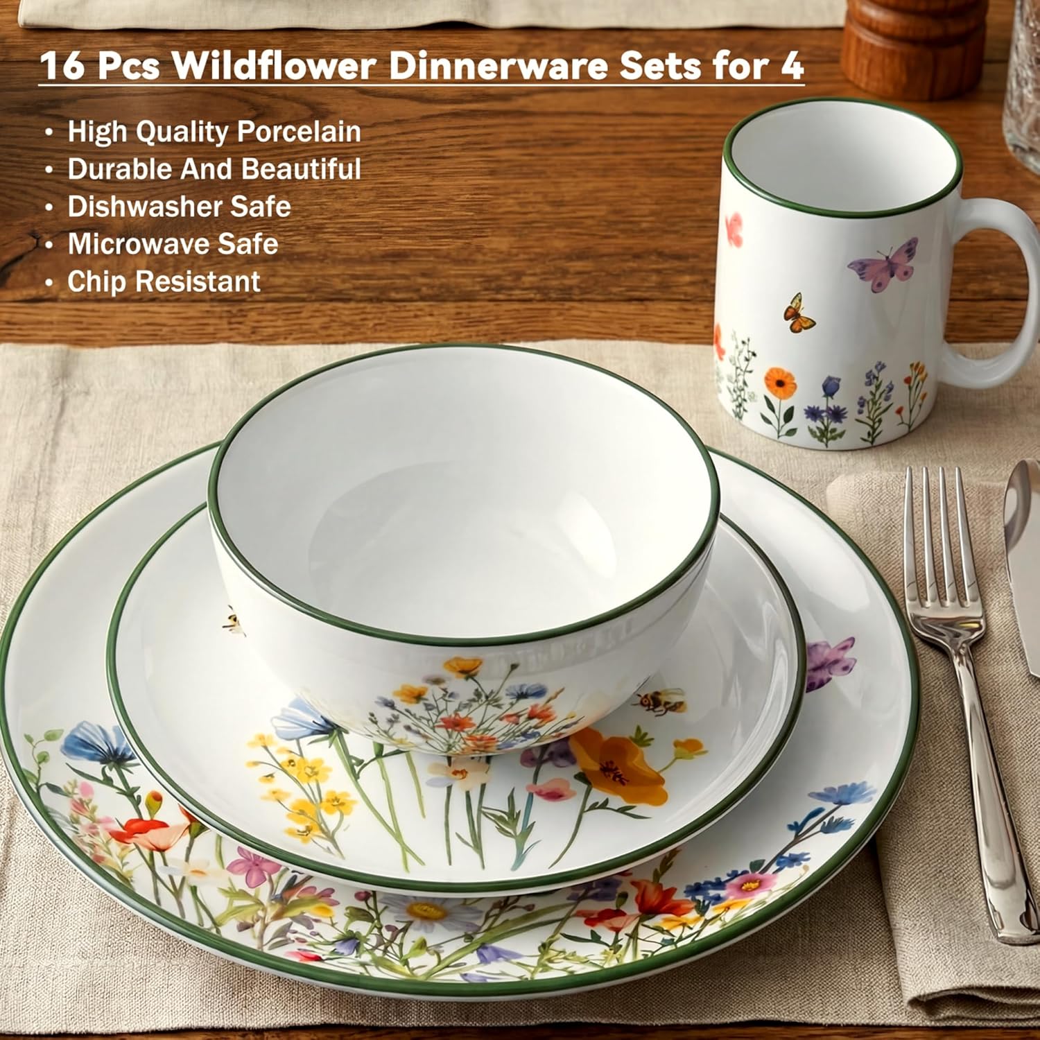 Pickmesh 16 Pcs Wildflower Ceramic Dinnerware Set for 4 Guest Floral Dish Set Spring Butterfly Dinner Plates Salad Plates Bowl Mug Kitchen Gift for Spring Kitchen Holiday Party Decoration